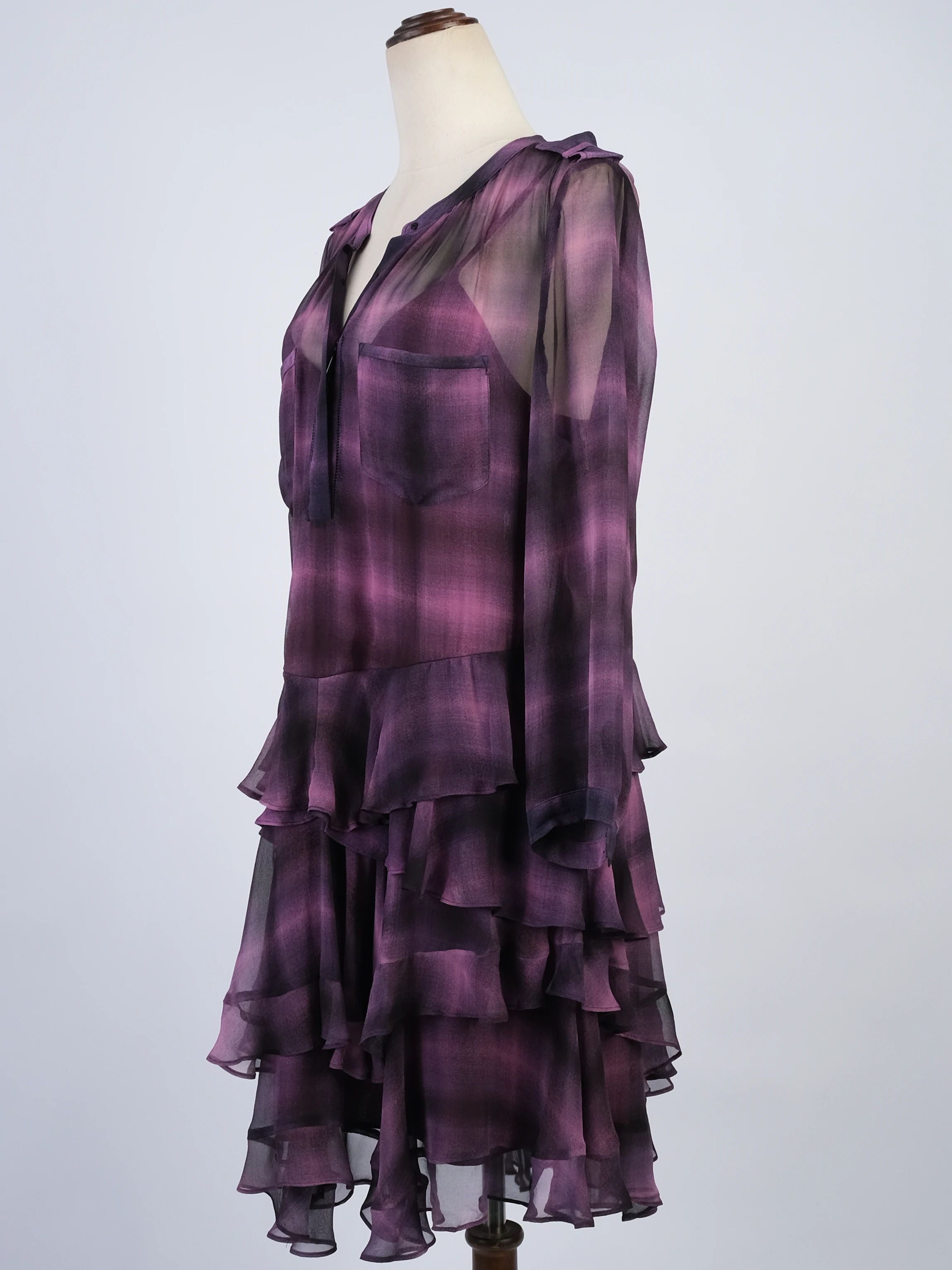 Excellent Rebecca Taylor Pink Silk Dress XL Sheer Long Sleeve V-Neck