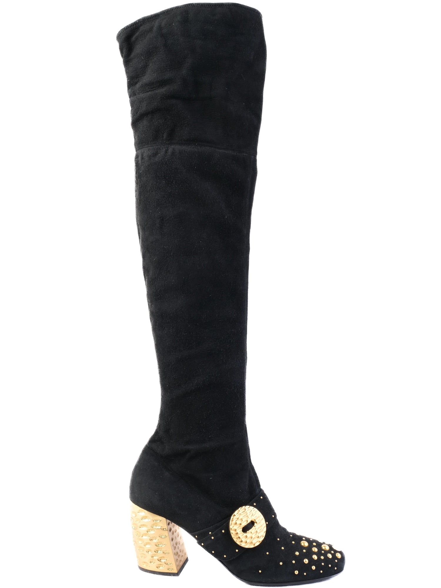 Excellent Prada Black Leather Thigh-High Boots Size 40 with Gold Accents
