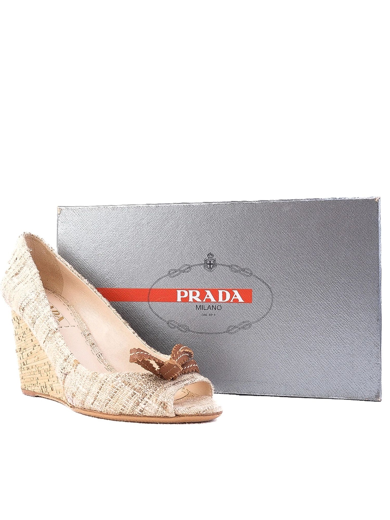 Excellent Prada White Textile Wedge Heels Size 38 with Bow