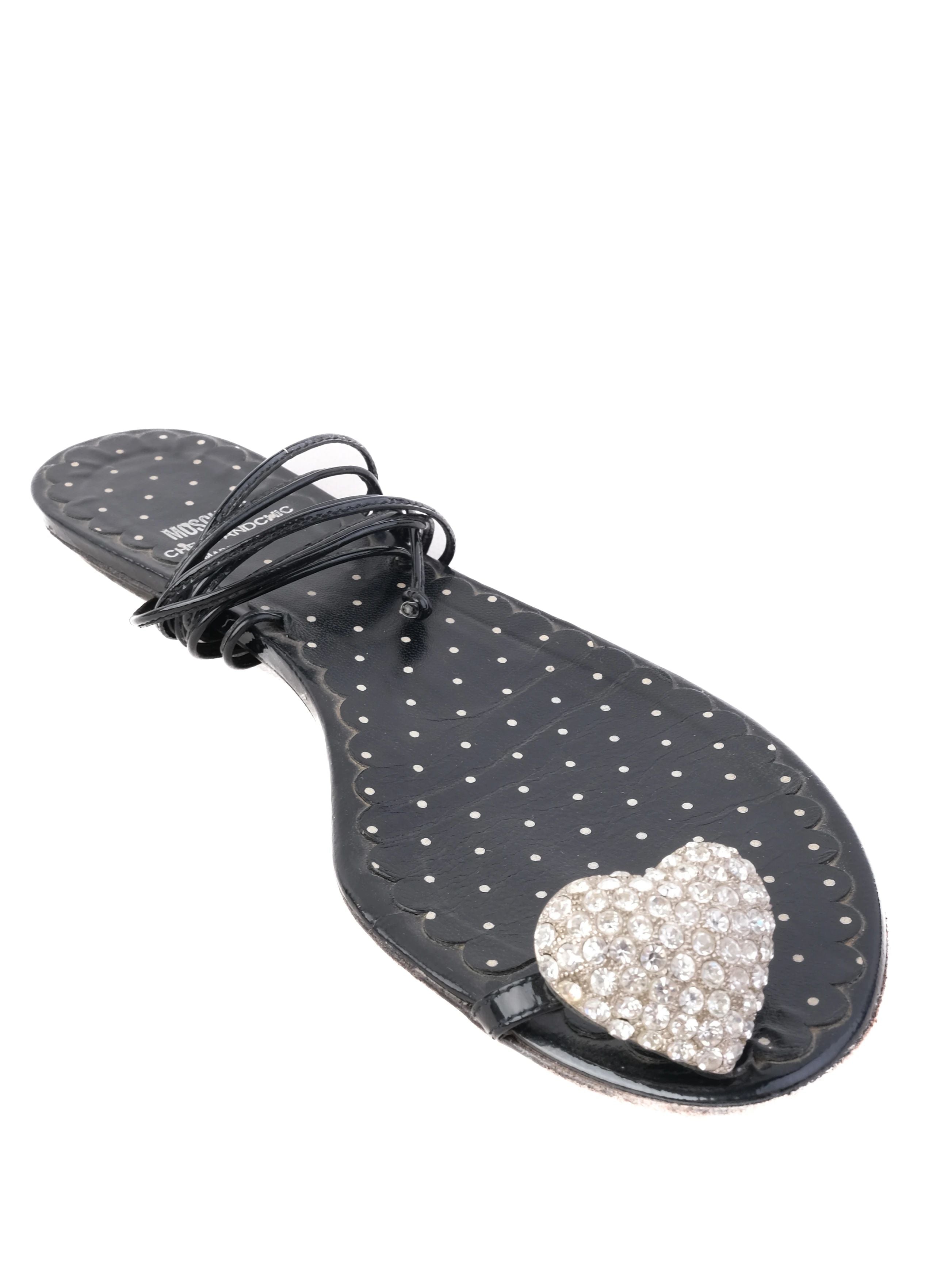 Excellent Moschino Black Leather Sandals Size 37 with Heart Embellishment