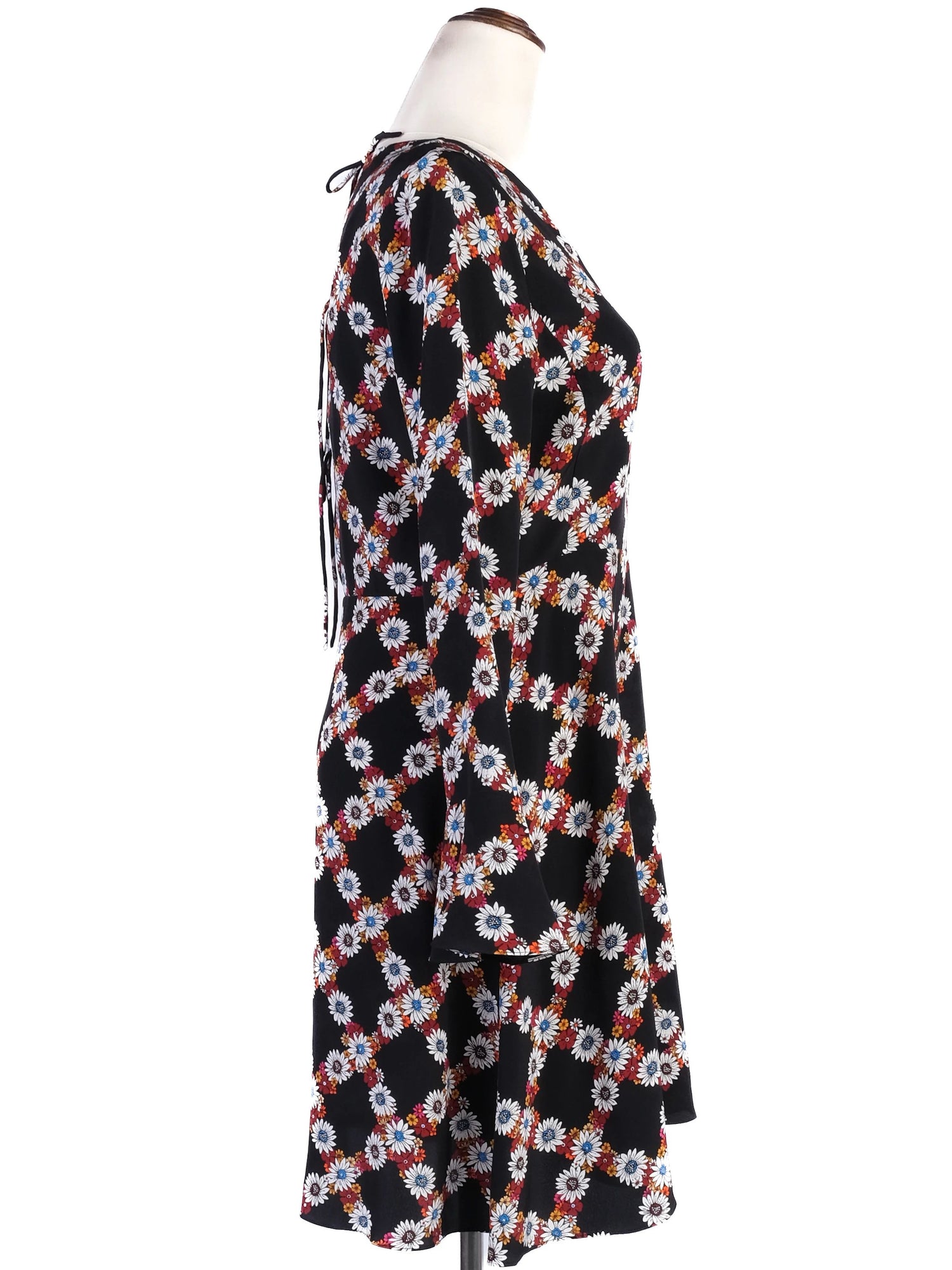 Excellent Sandro Black Silk Dress Size S Floral Pattern Long Sleeve