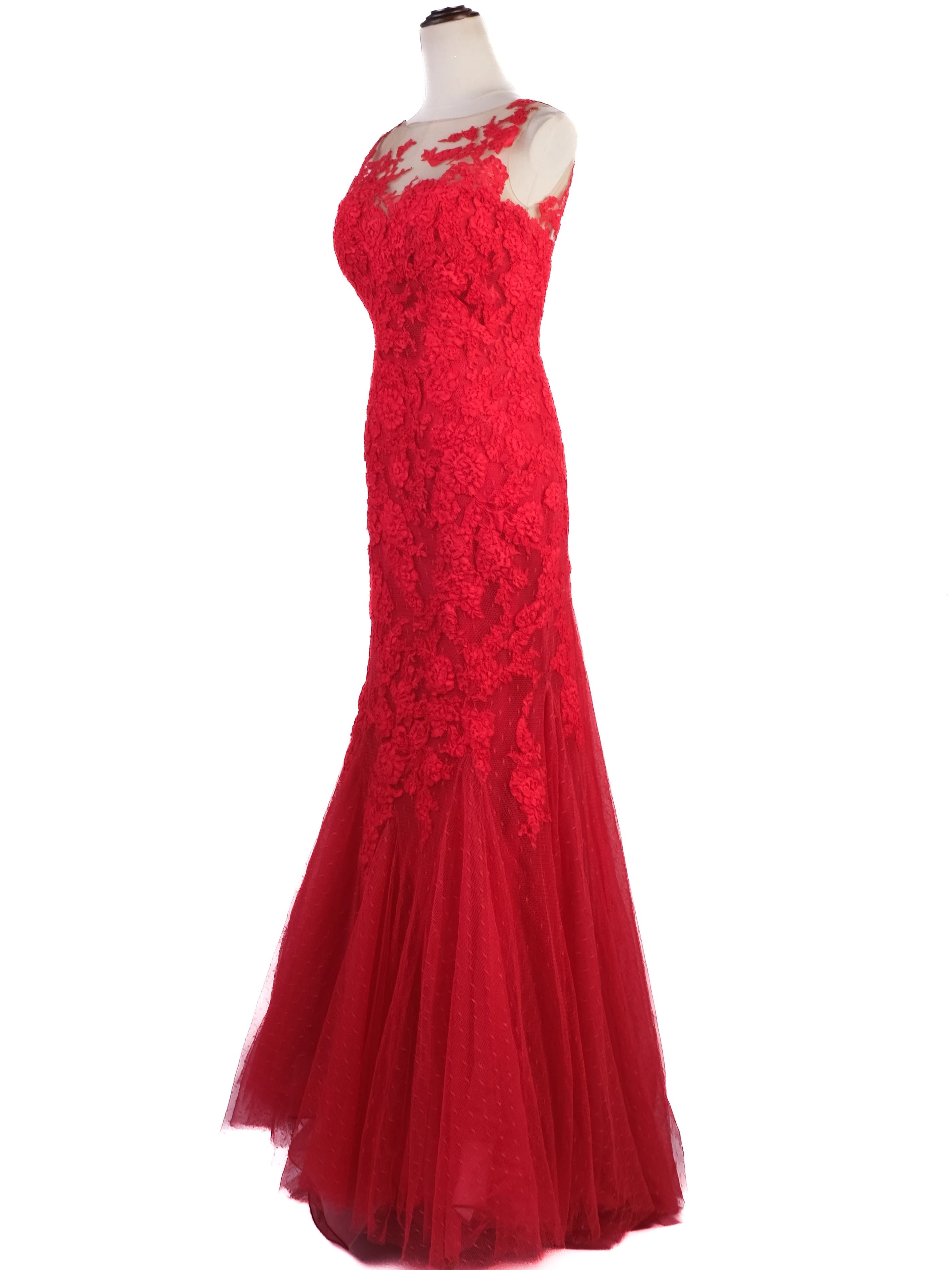 Excellent Pronovias Red Evening Gown Lace Detail Size L