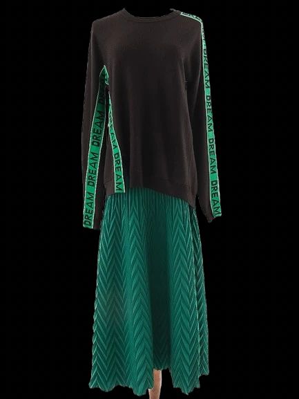 Excellent Maje Black Wool Sweater & Green Pleated Skirt Set for Women