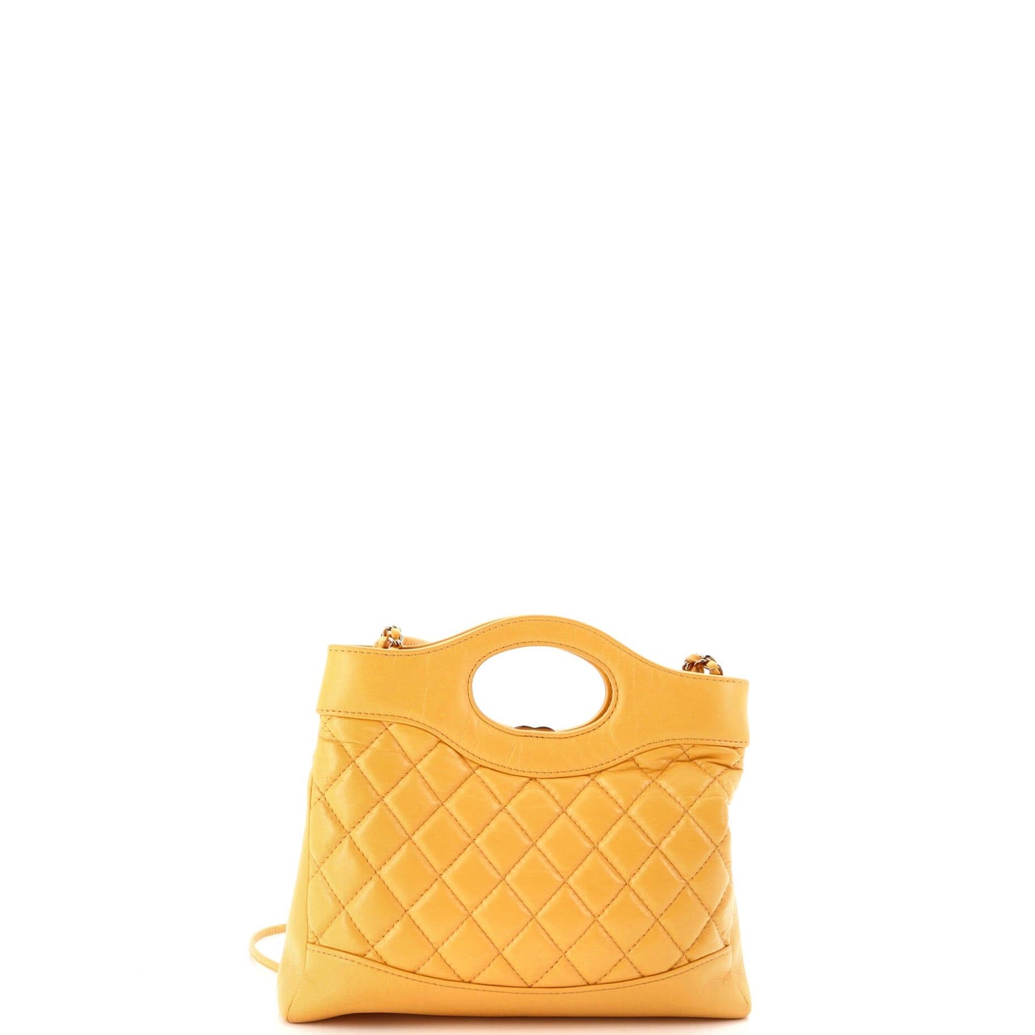 Chanel Yellow Shopping Bag Clutch With Chain Quilted Shiny Lambskin Small
