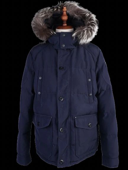 Excellent Moose Knuckles Navy Blue Parka Jacket with Fur Trim Size L