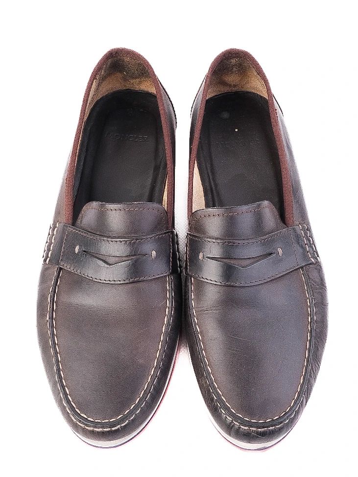 Excellent Moncler Orange Leather Loafers Size 43 with Striped Sole