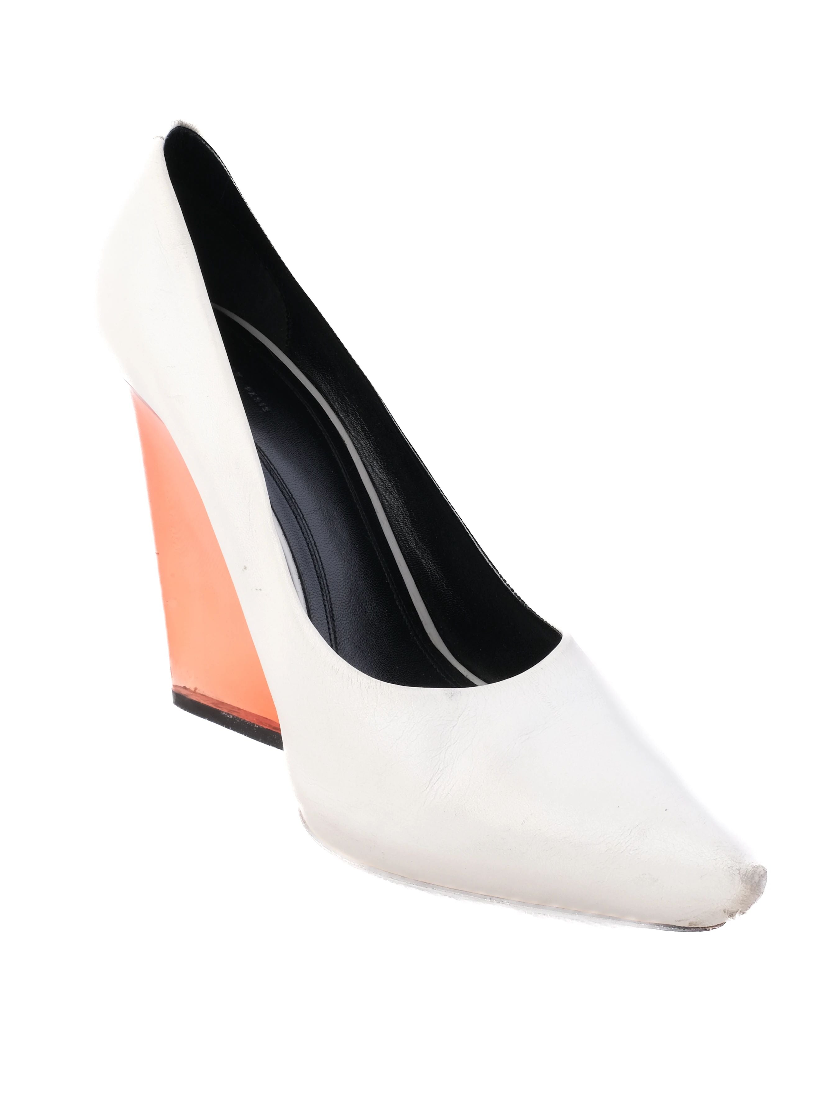 Celine White Leather Wedge Shoes with Orange Transparent Heel, Size 38.5