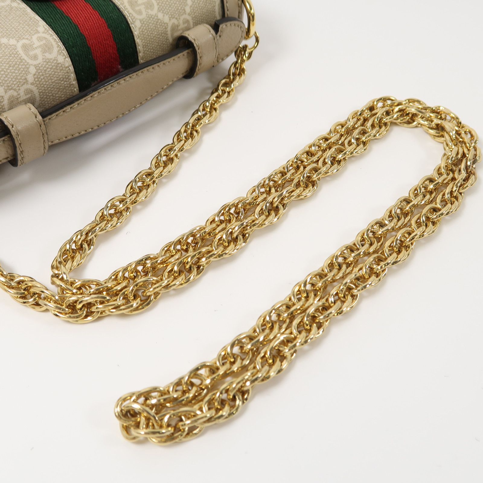 Gucci GG Supreme Monogram Textured Dollar Calfskin Web Mini Ophidia Padlock Top Handle Chain Shoulder Bag