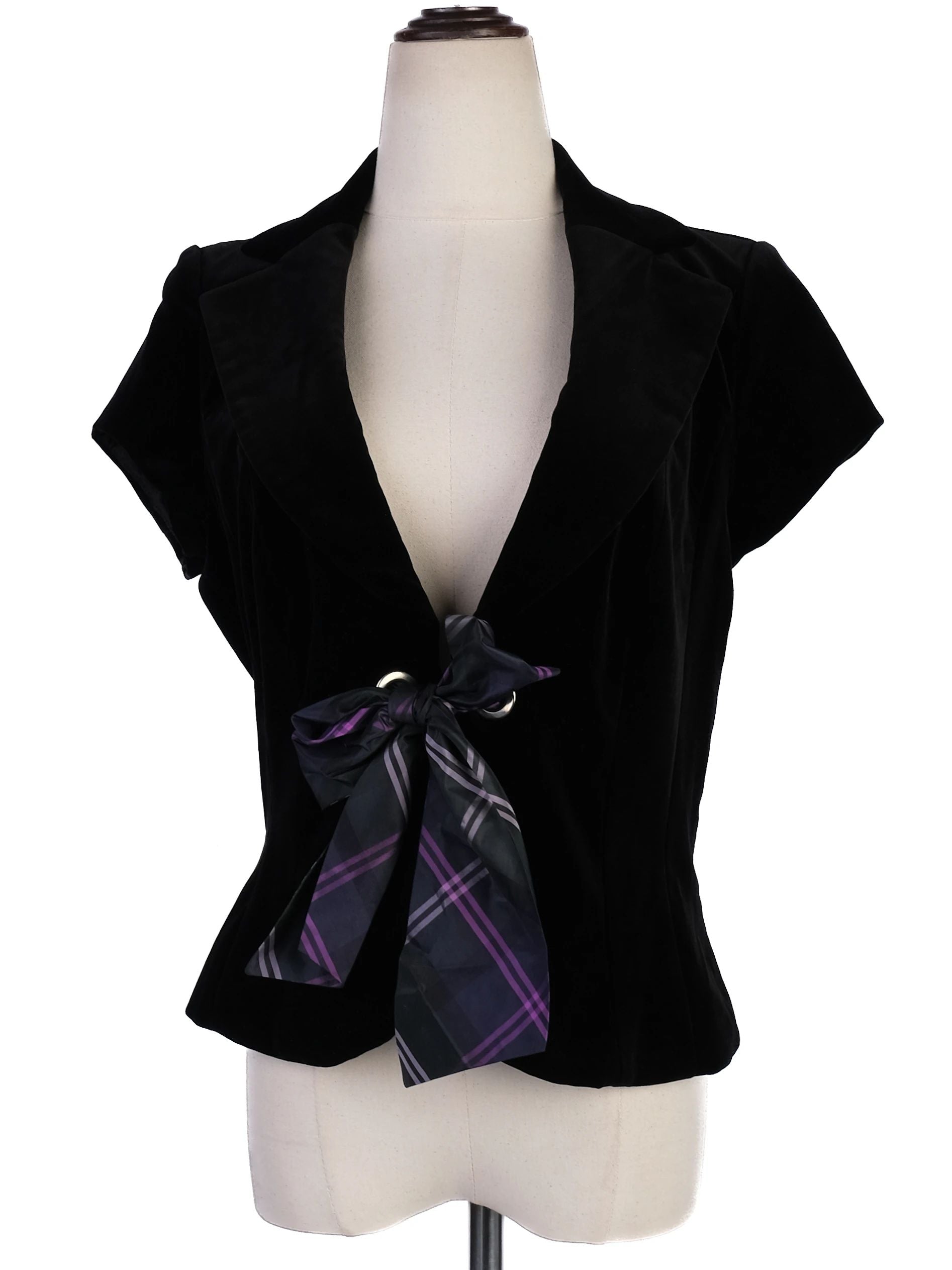 Excellent Escada Black Viscose Jacket Size S with Plaid Bow Detail
