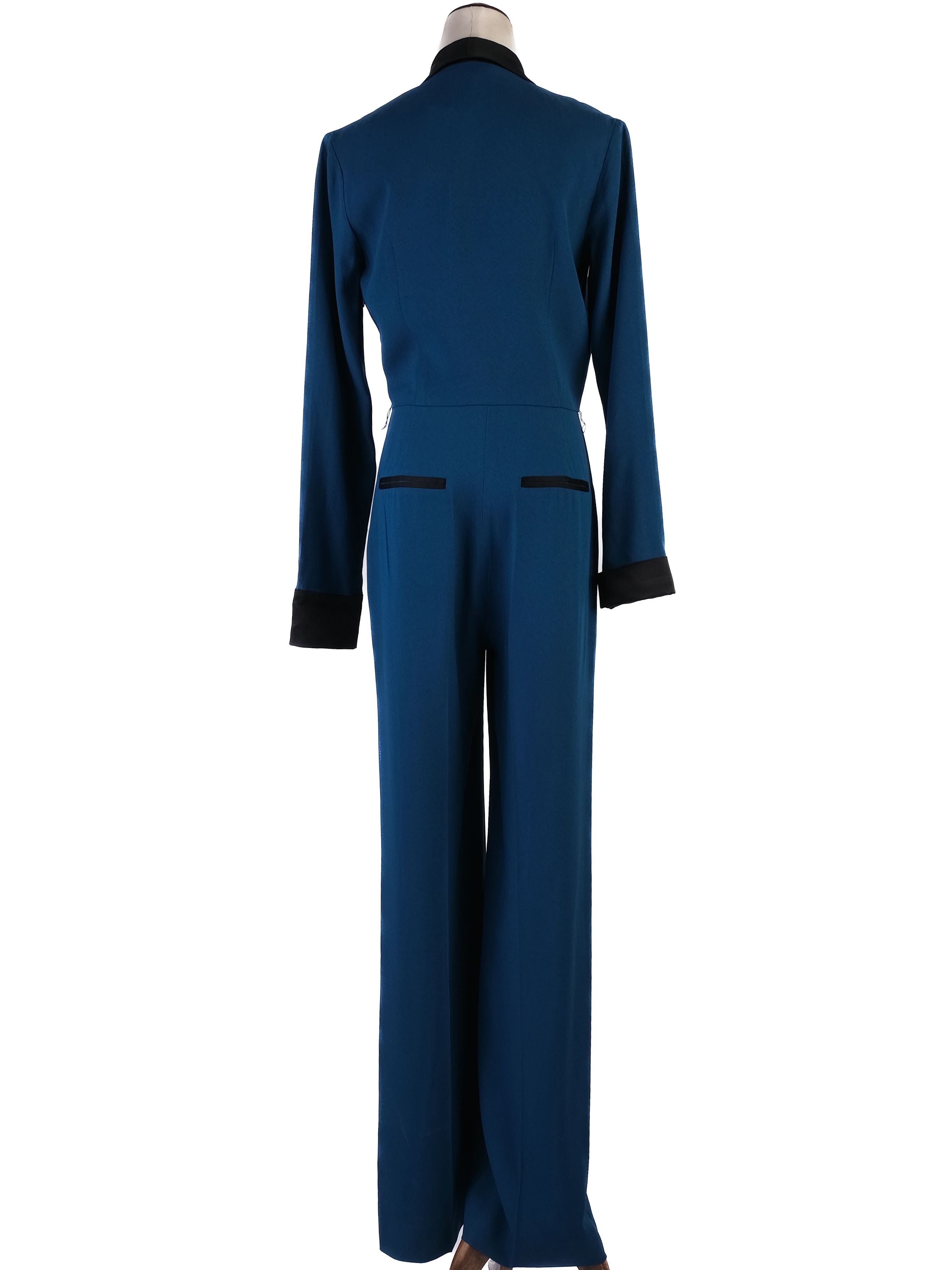 Excellent Rachel Zoe Teal Jumpsuit XS with Black Lapels & Cuffs
