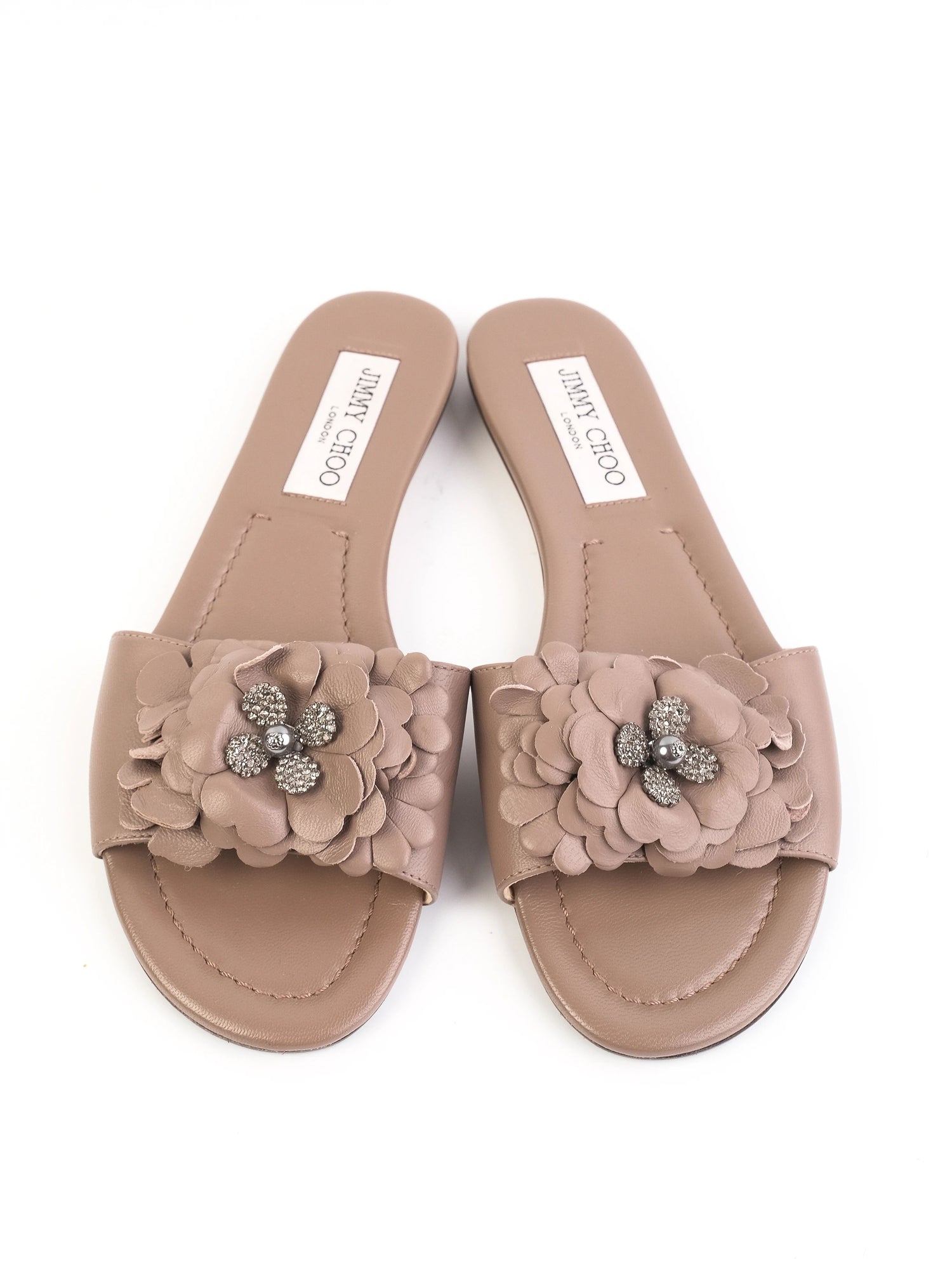 Excellent Jimmy Choo Gray Leather Flat Sandals Size 37 Floral Design