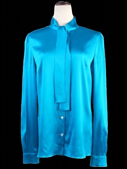 Excellent Dolce Gabbana Turquoise Silk Blouse Size L with Tie-Neck
