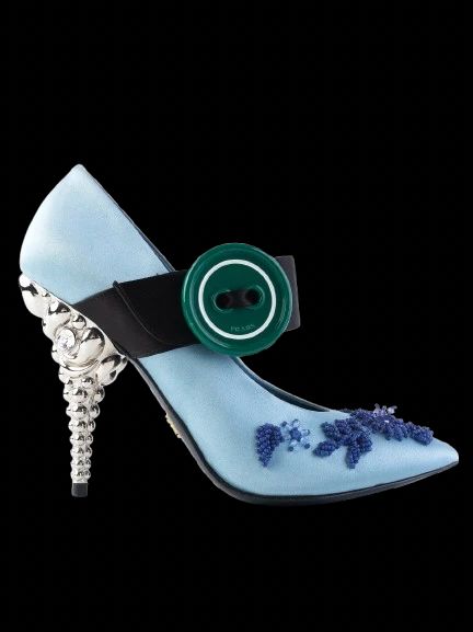 Excellent Prada Blue Satin High-Heeled Shoes with Beaded Embellishments