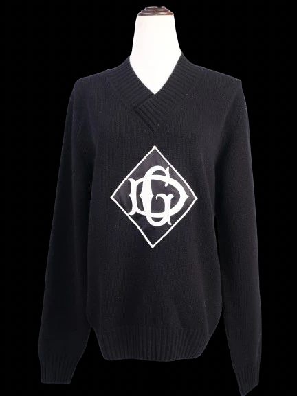 Excellent Dolce Gabbana Black Wool V-Neck Sweater with Logo