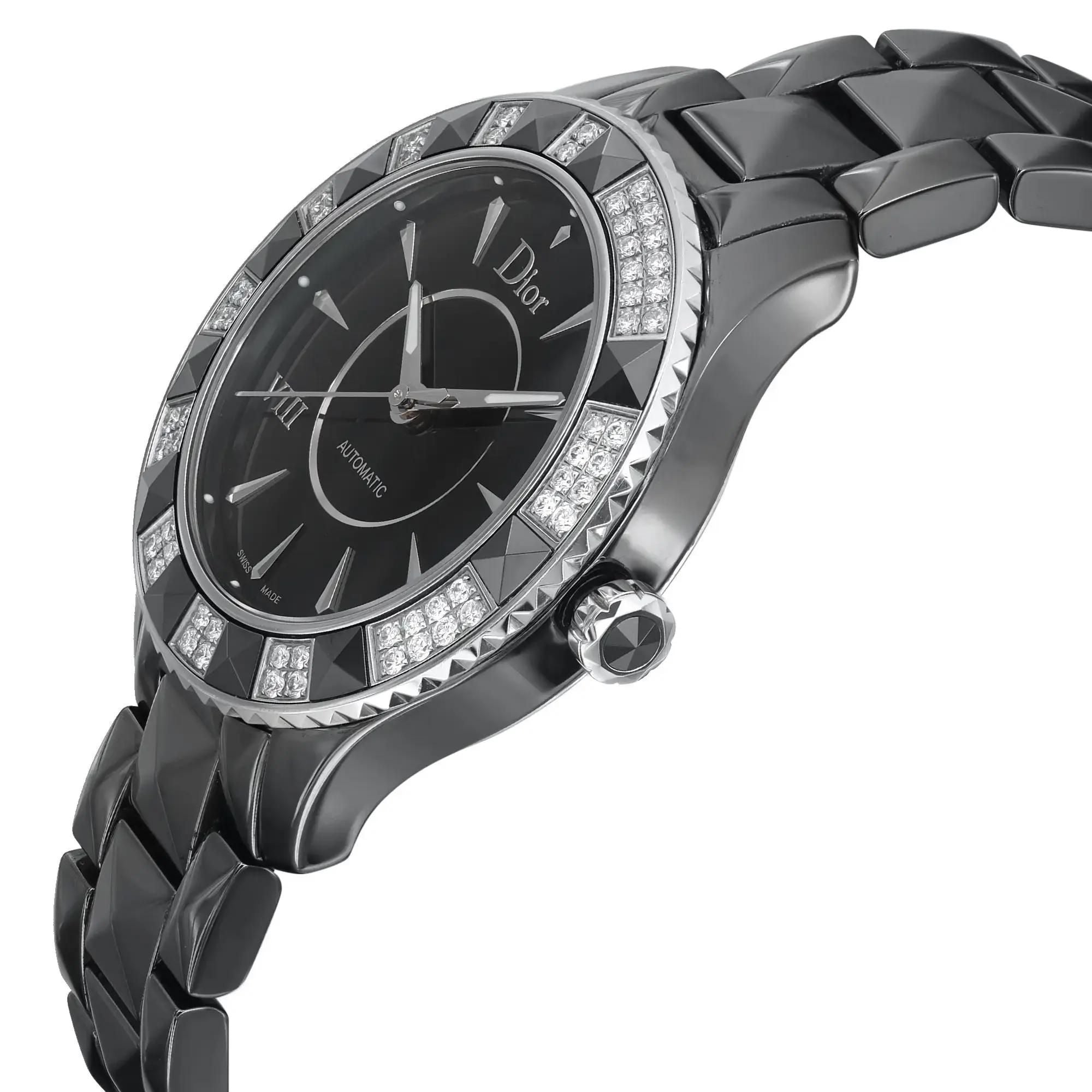 Christian Dior VIII Steel Ceramic Diamonds Black Dial Ladies Watch CD1245E1C001