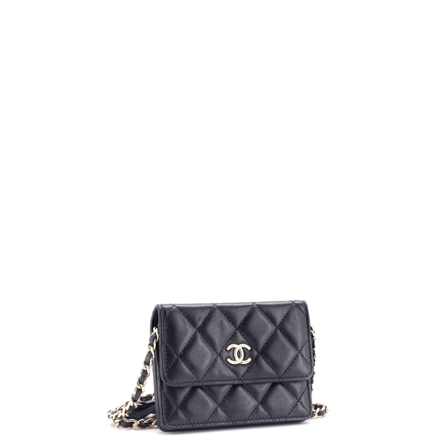 Chanel Camellia Bow Flap Card Holder With Chain Quilted Lambskin