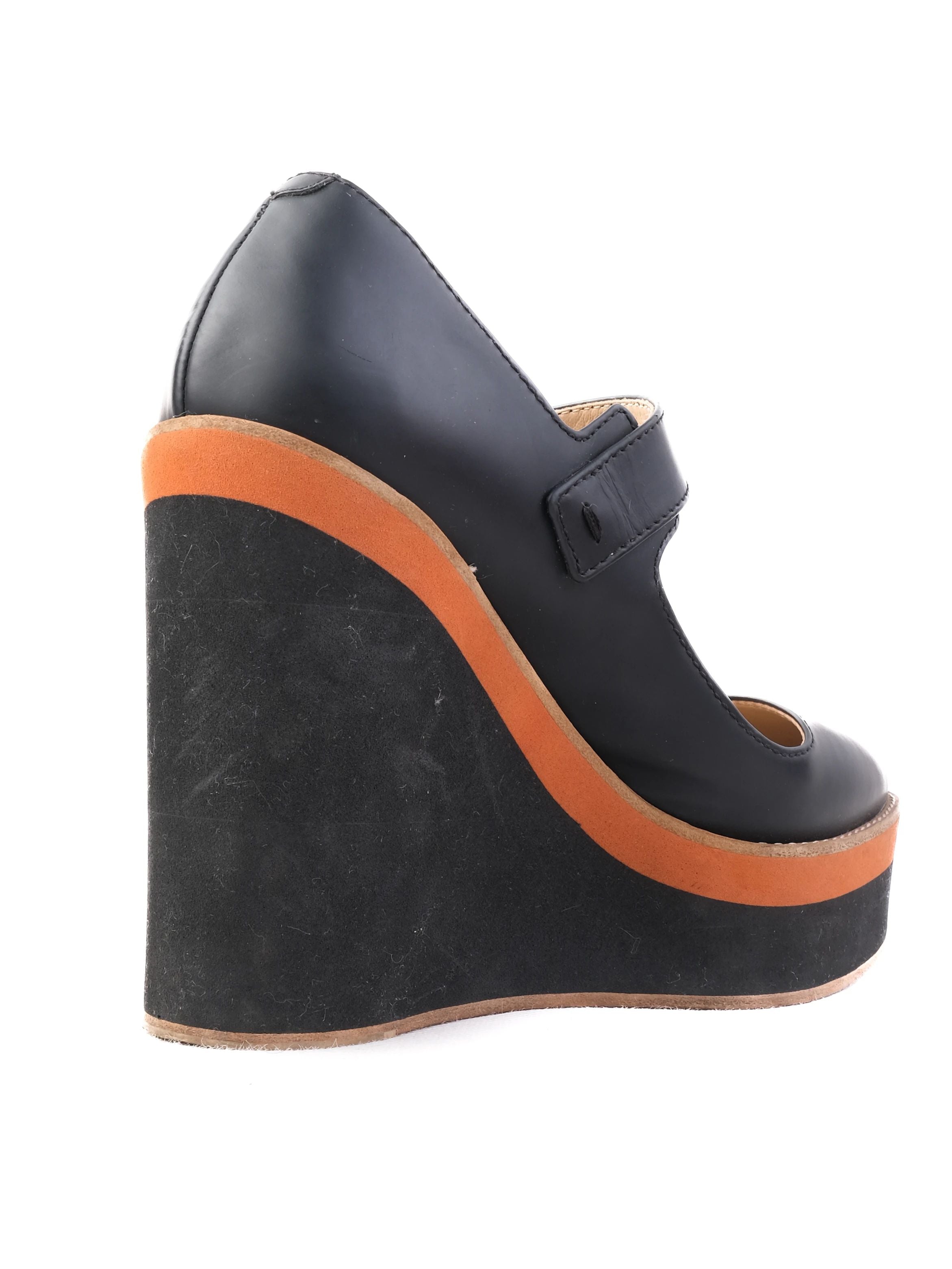 Excellent Max Mara Blue Leather Wedge Shoes Size 35 with Orange Stripe