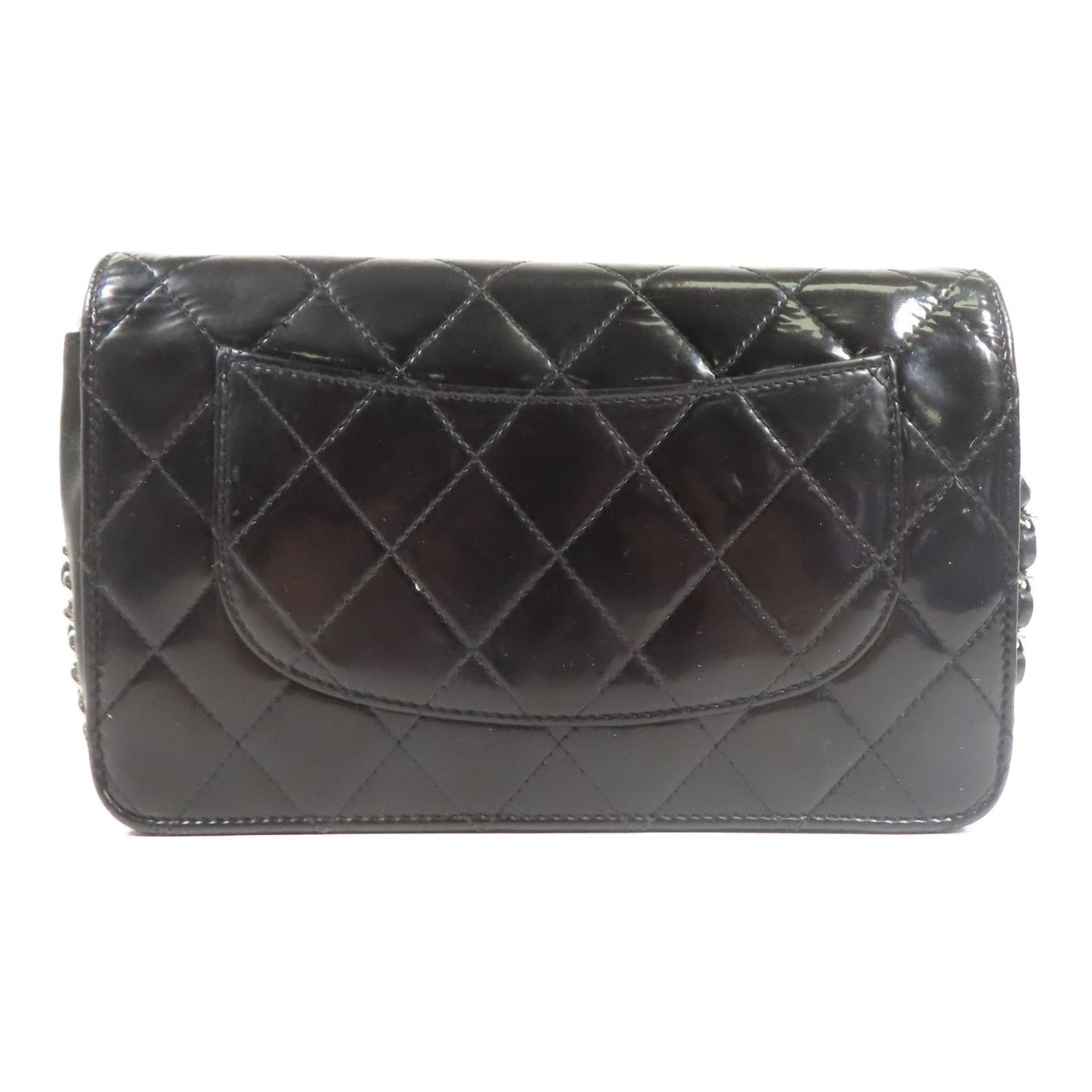 Chanel Black Lacquered Leather Woc Wallet On Chain Silver Cross Shoulder Back Bag Enamel