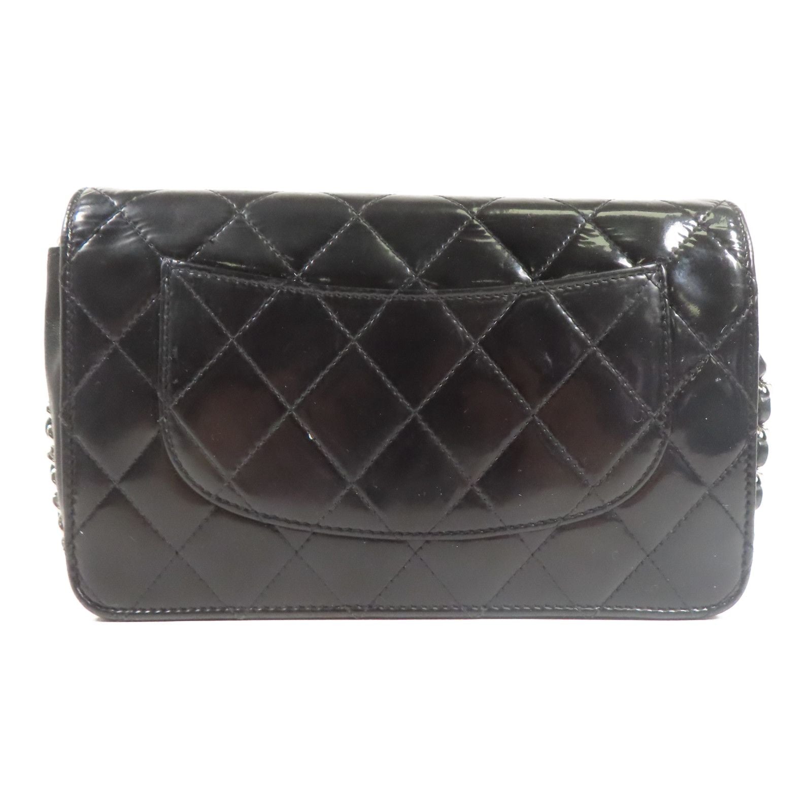 Chanel Black Lacquered Leather Woc Wallet On Chain Silver Cross Shoulder Back Bag Enamel