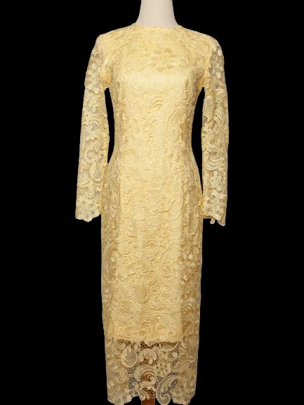 Good SLIR Yellow Lace Dress Women Size S Long Sleeve Knee-Length