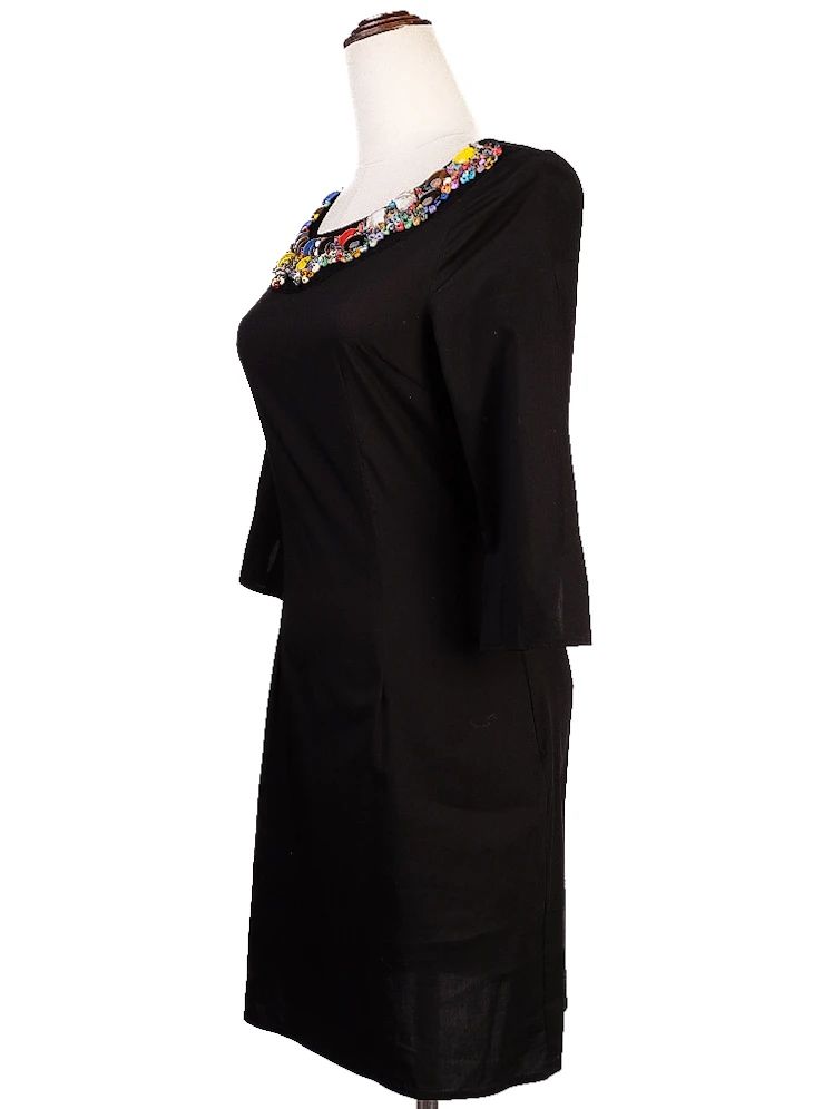 Excellent DKNY Black Cotton Dress XS with Colorful Embellished Neckline