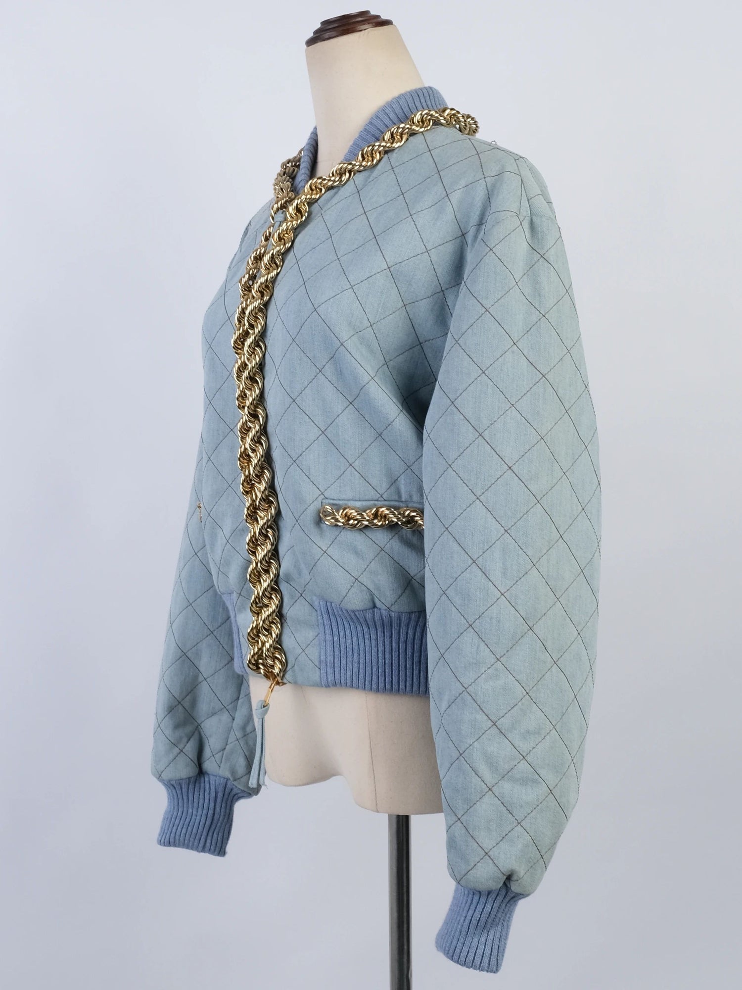 Excellent Moschino Blue Quilted Denim Jacket & Skirt Set