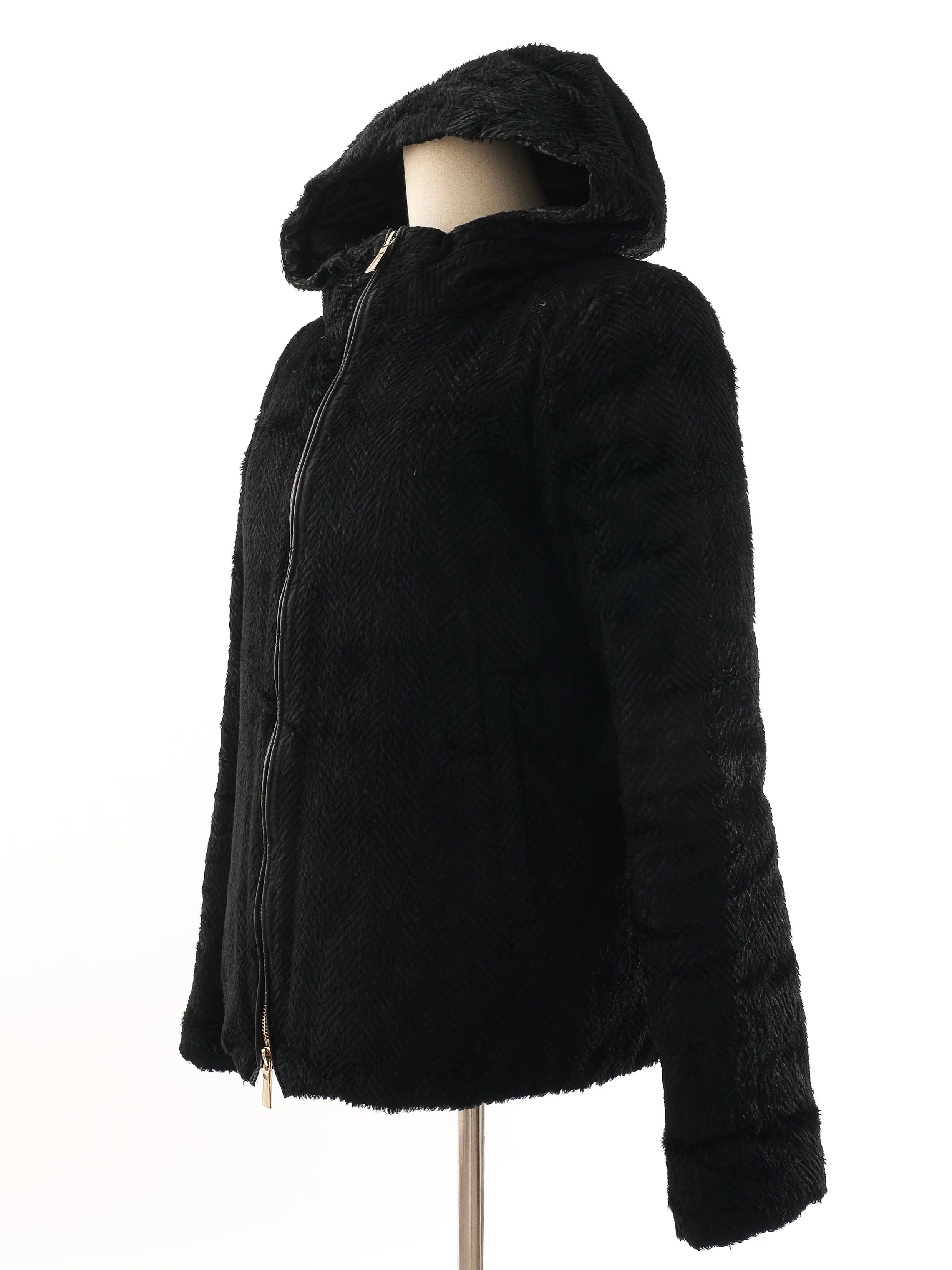 Excellent Marella Black Fur-Textured Jacket with Hood Size M