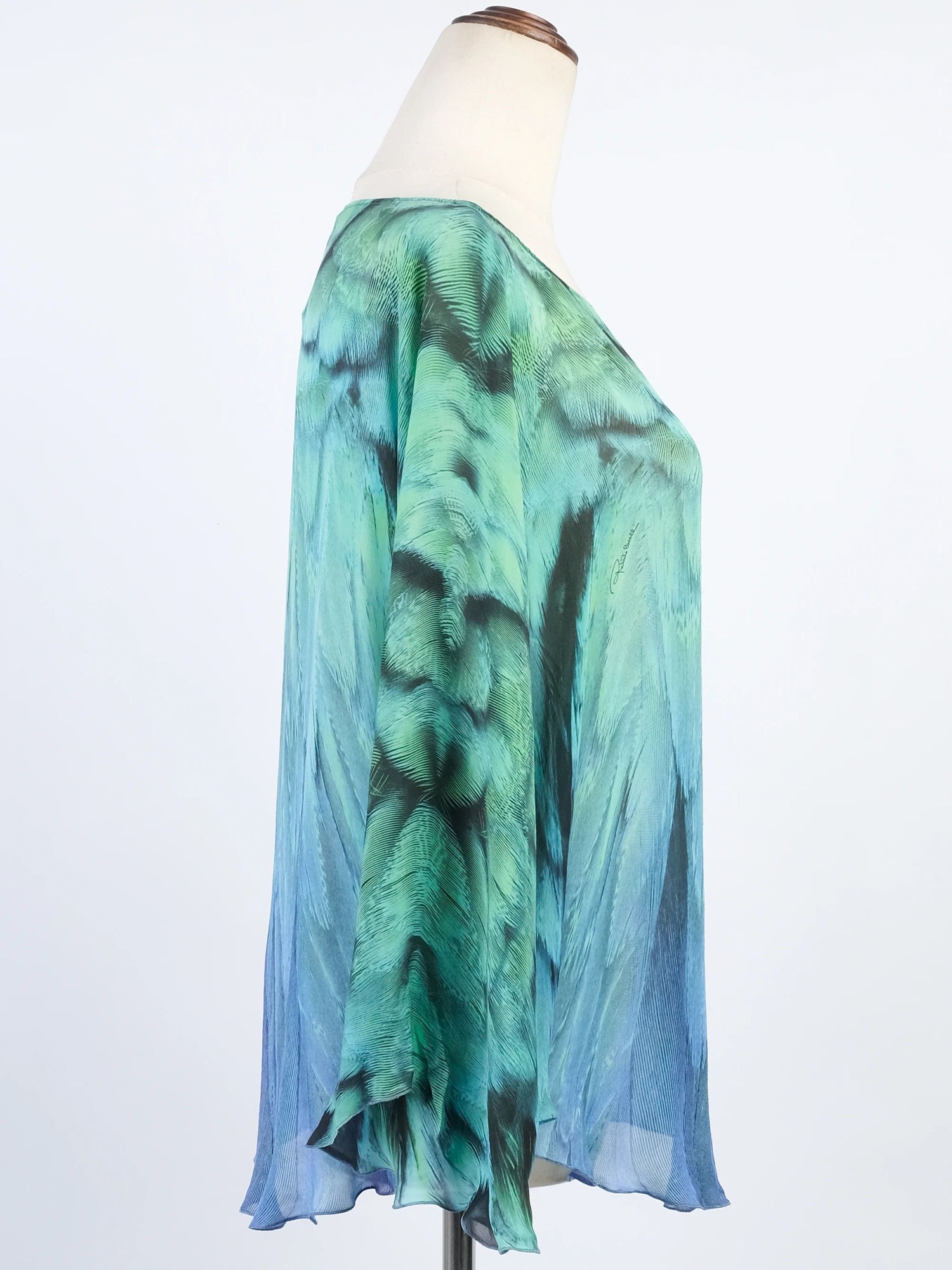 Excellent Roberto Cavalli Green Silk Blouse with Feather Pattern Size L