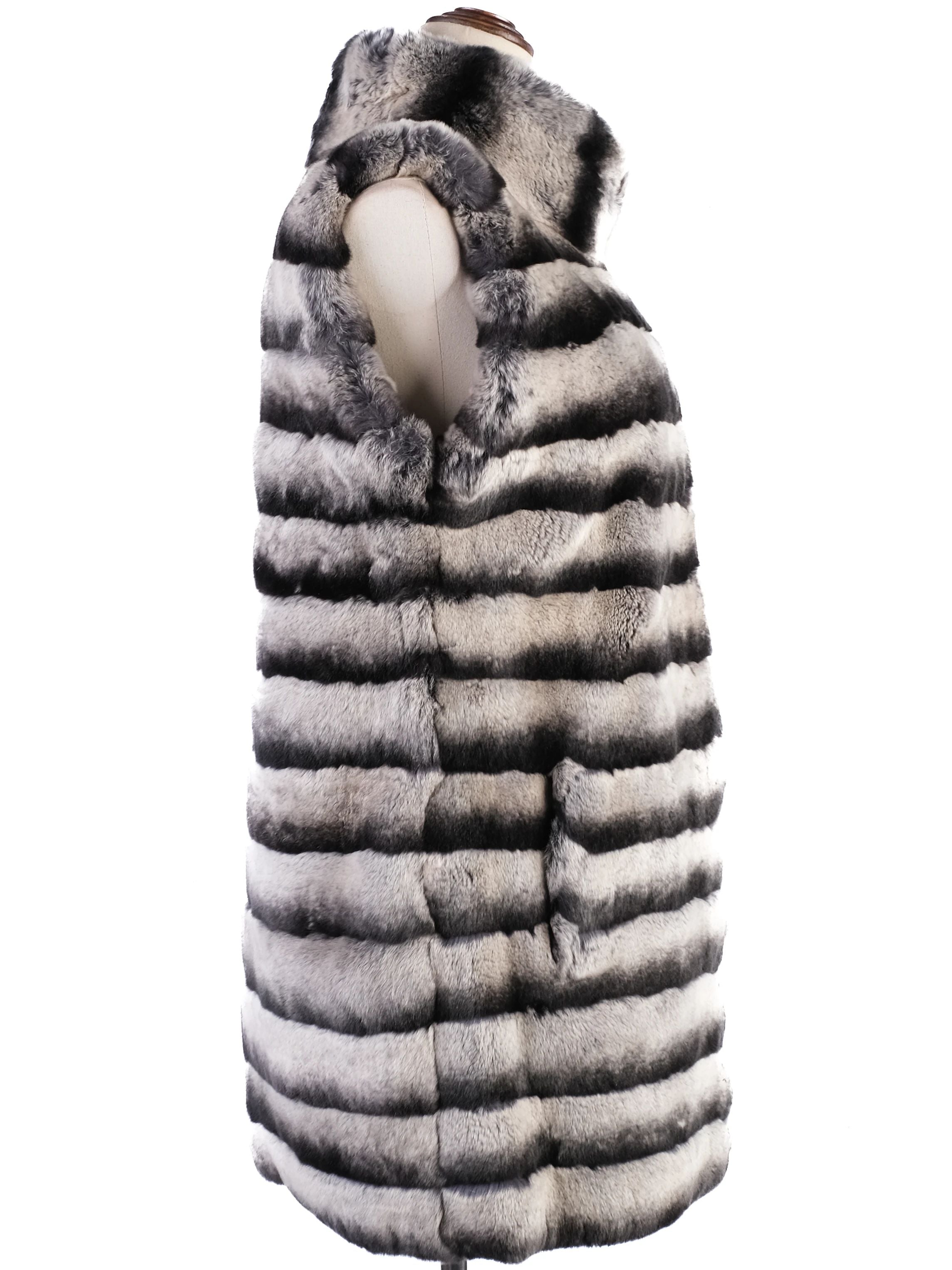 Excellent Shaky Fur Vest Black Gray Striped Pattern Size XS
