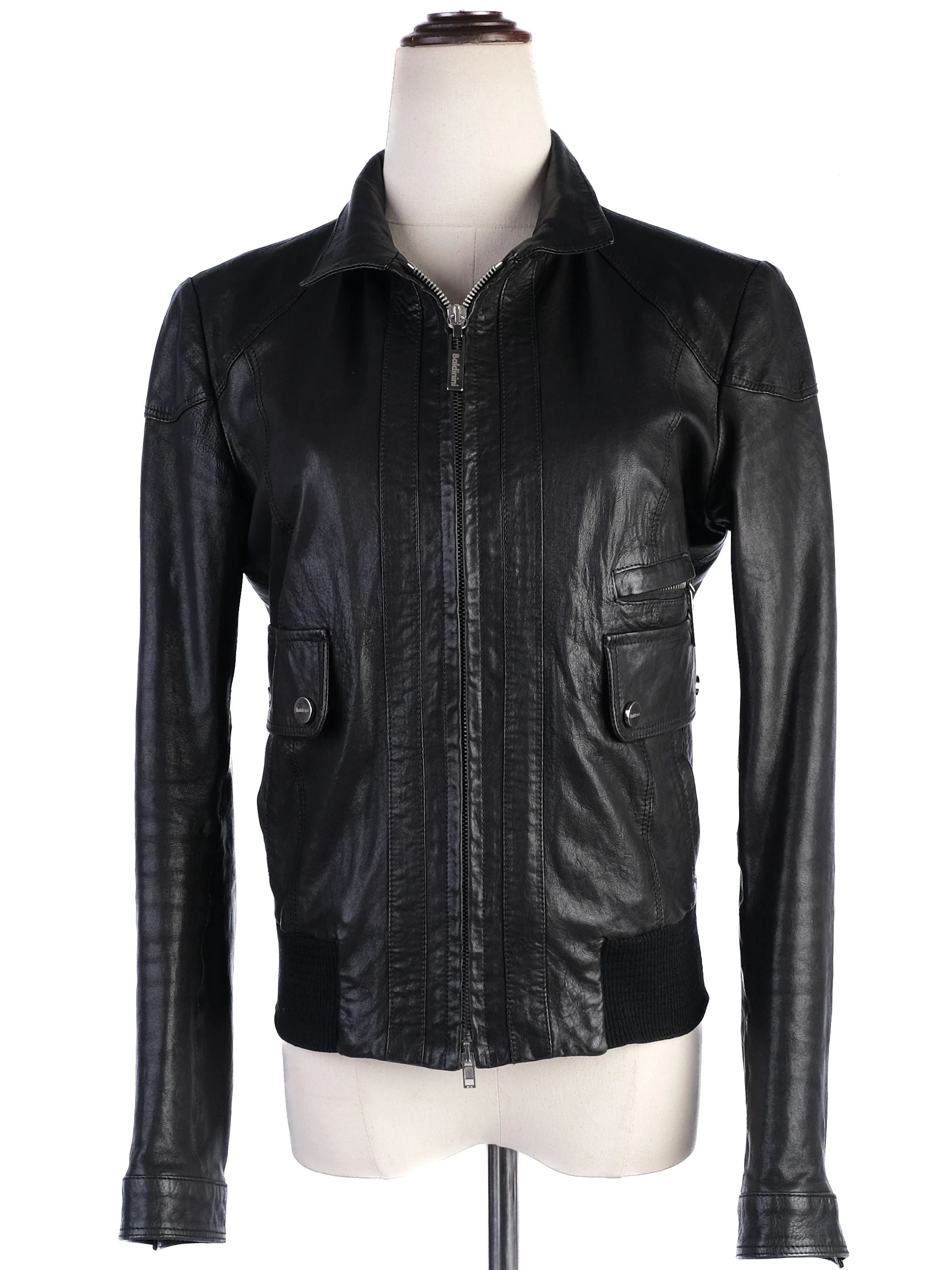 Excellent Baldinini Black Leather Jacket Size S for Women