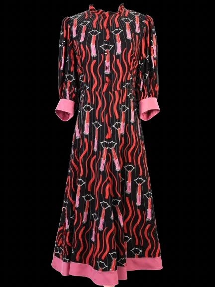 Excellent Valentino Black Dress with Vibrant Lipstick Print Size M