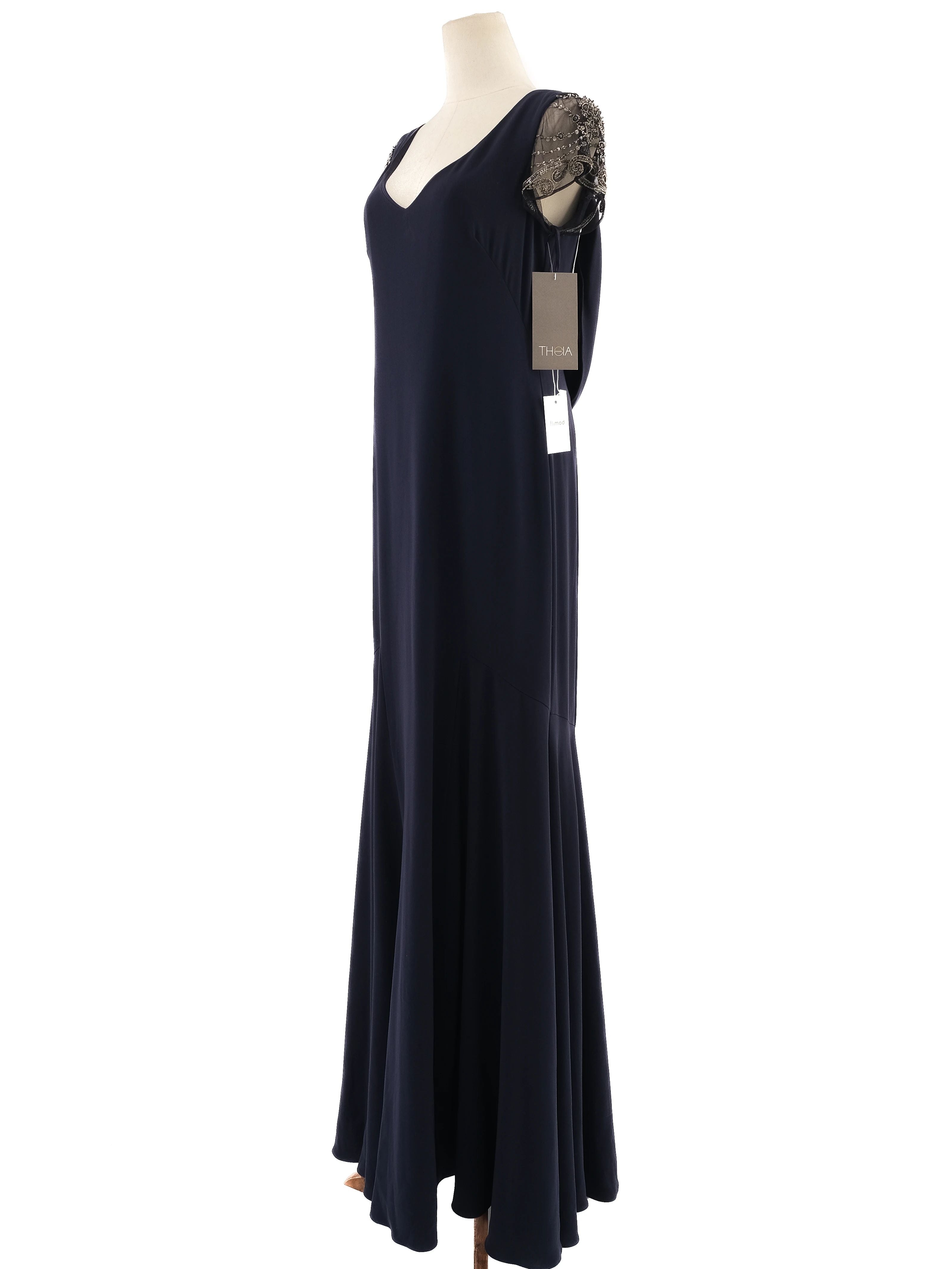 NEW Theia Couture Formal Navy Blue Gown Size XL with Beaded Details