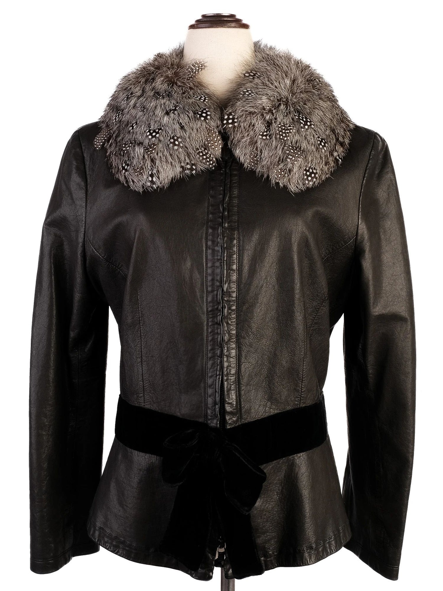 Excellent Emporio Armani Black Leather Jacket Size S with Bow