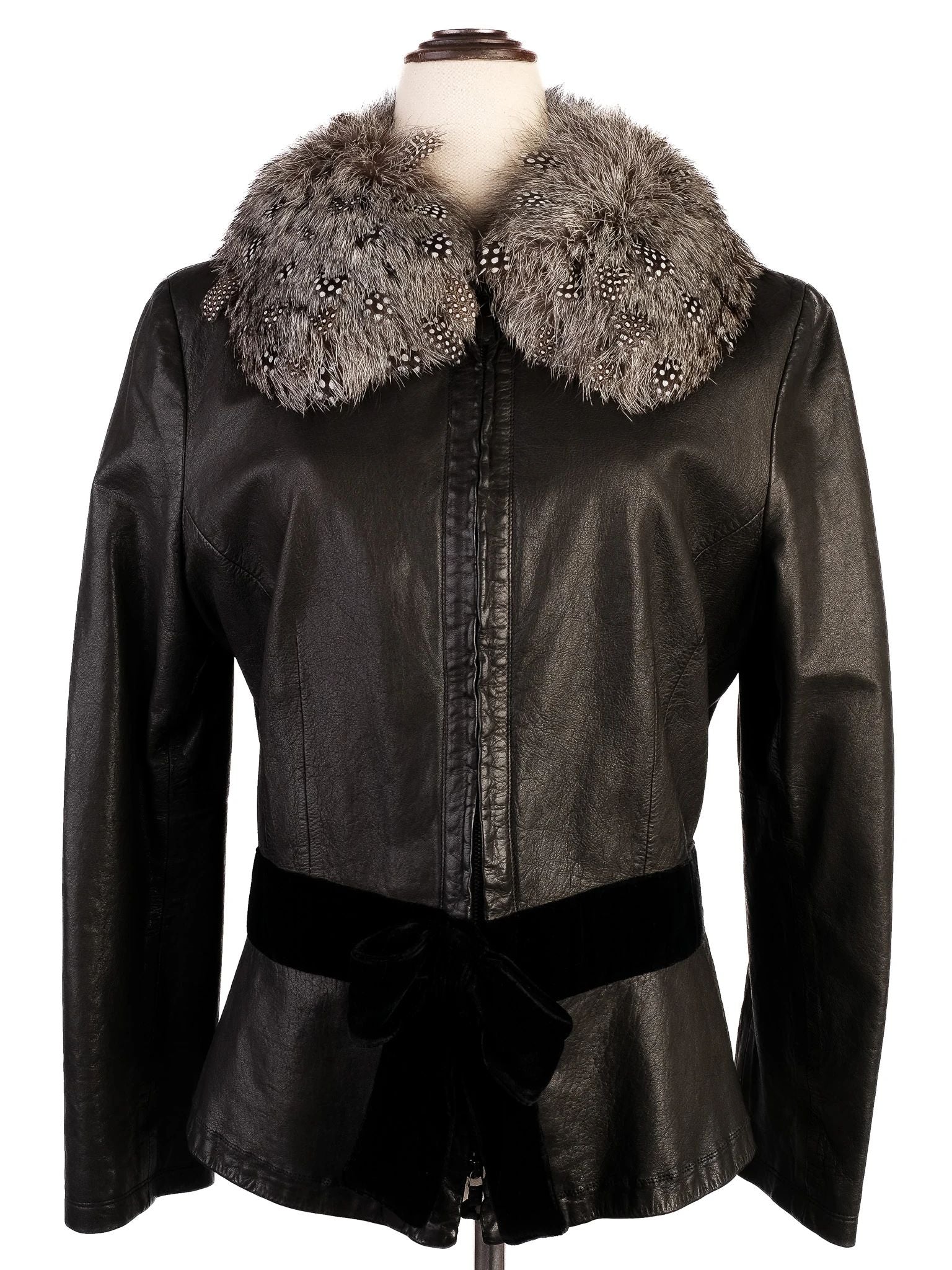 Excellent Emporio Armani Black Leather Jacket Size S with Bow