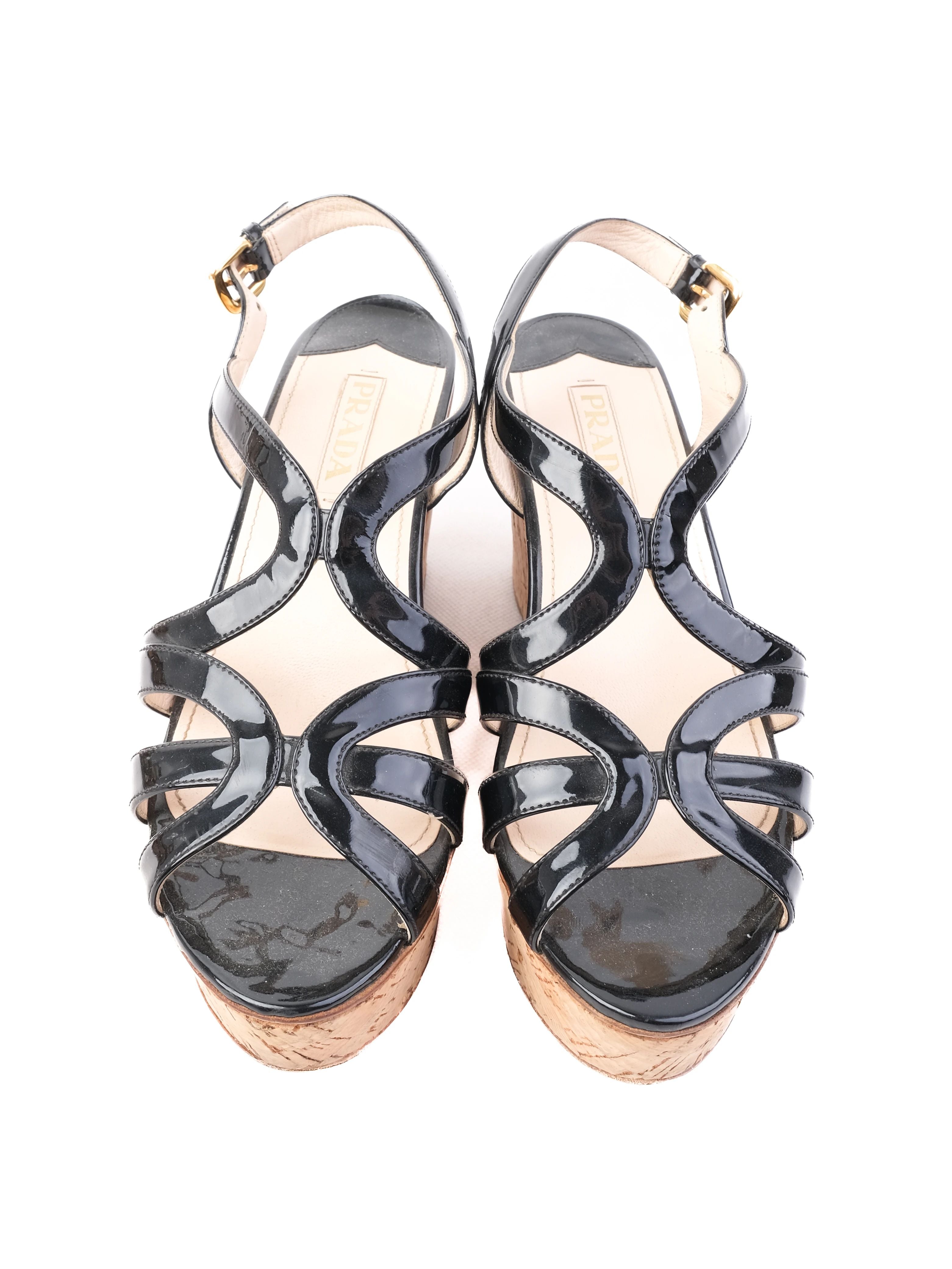 Excellent Prada Black Leather Wedge Sandals Size 41