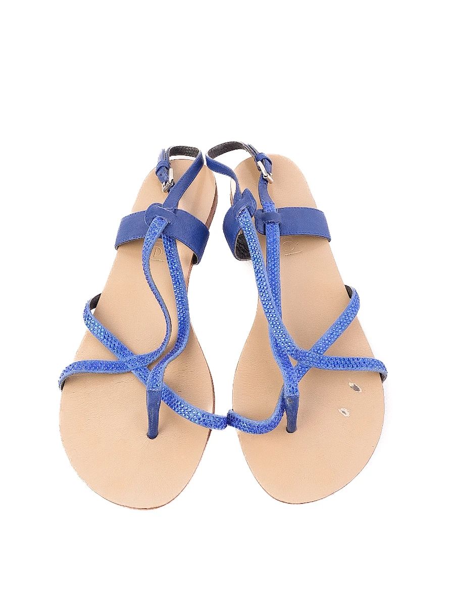 Excellent Laurel Blue Fabric Flat Sandals with Ankle Buckle, Size 38