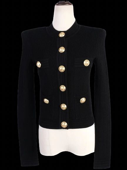 Excellent Balmain Black Ribbed Jacket Gold Buttons Size XS