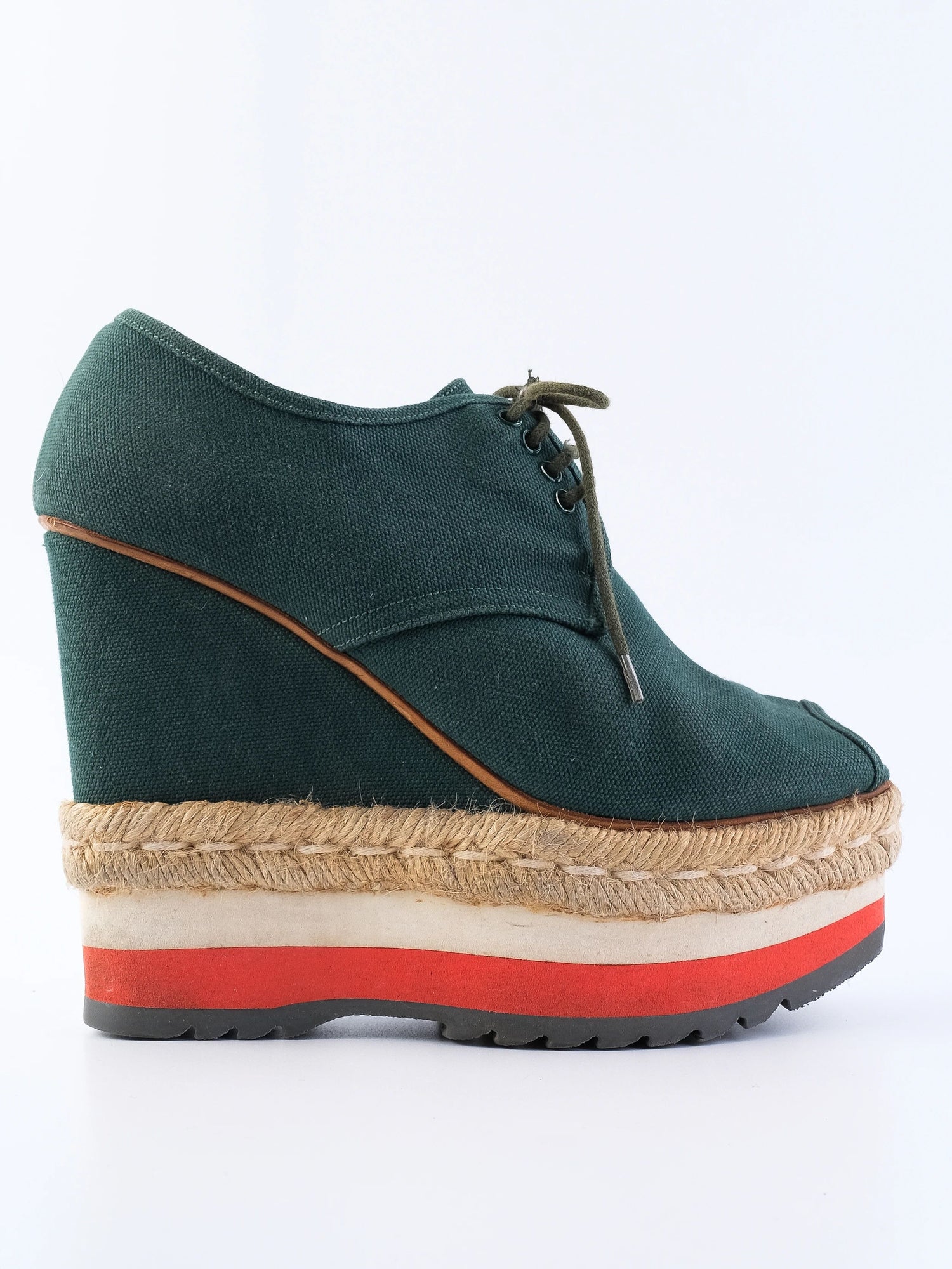 Excellent Prada Green Fabric Wedge Shoes Size 37.5 with Platform Sole