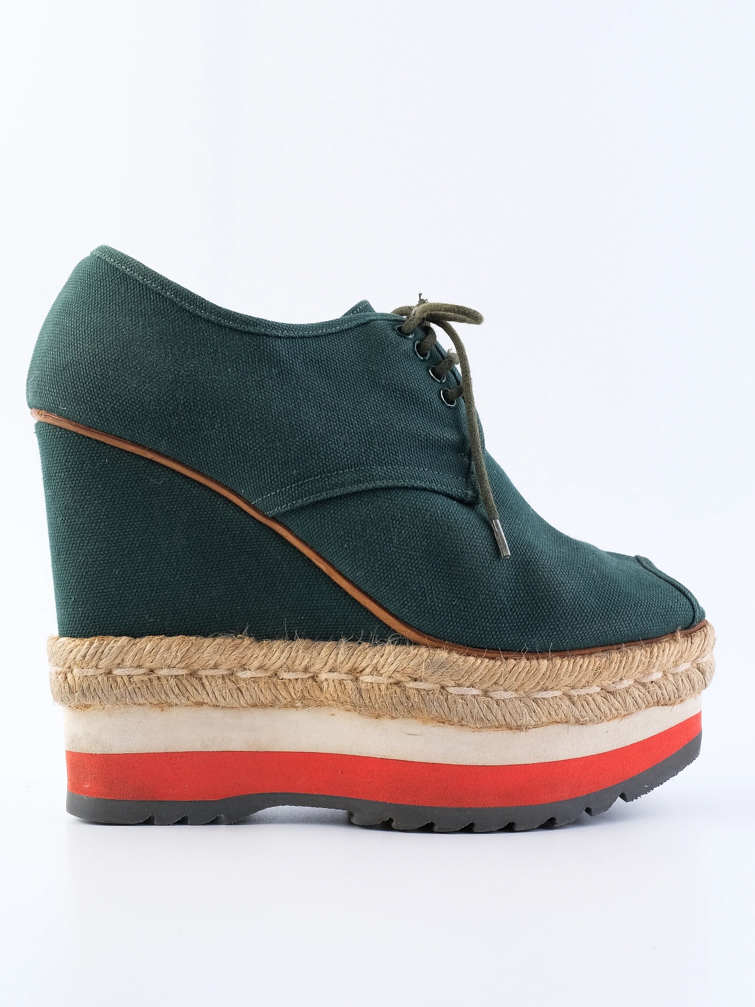 Excellent Prada Green Fabric Wedge Shoes Size 37.5 with Platform Sole
