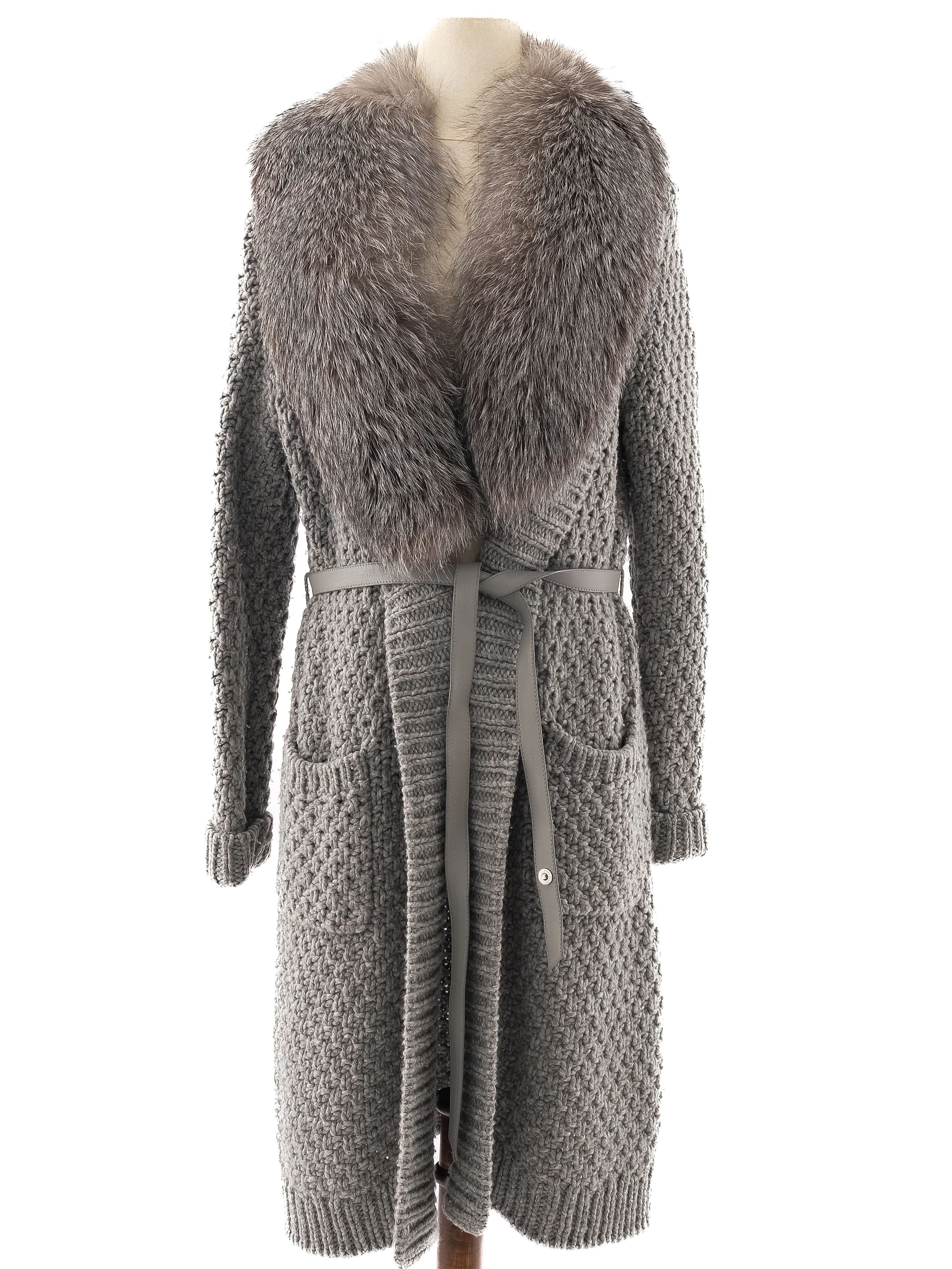 Loro Piana Gray Leather Knit Coat with Faux Fur Collar Size M