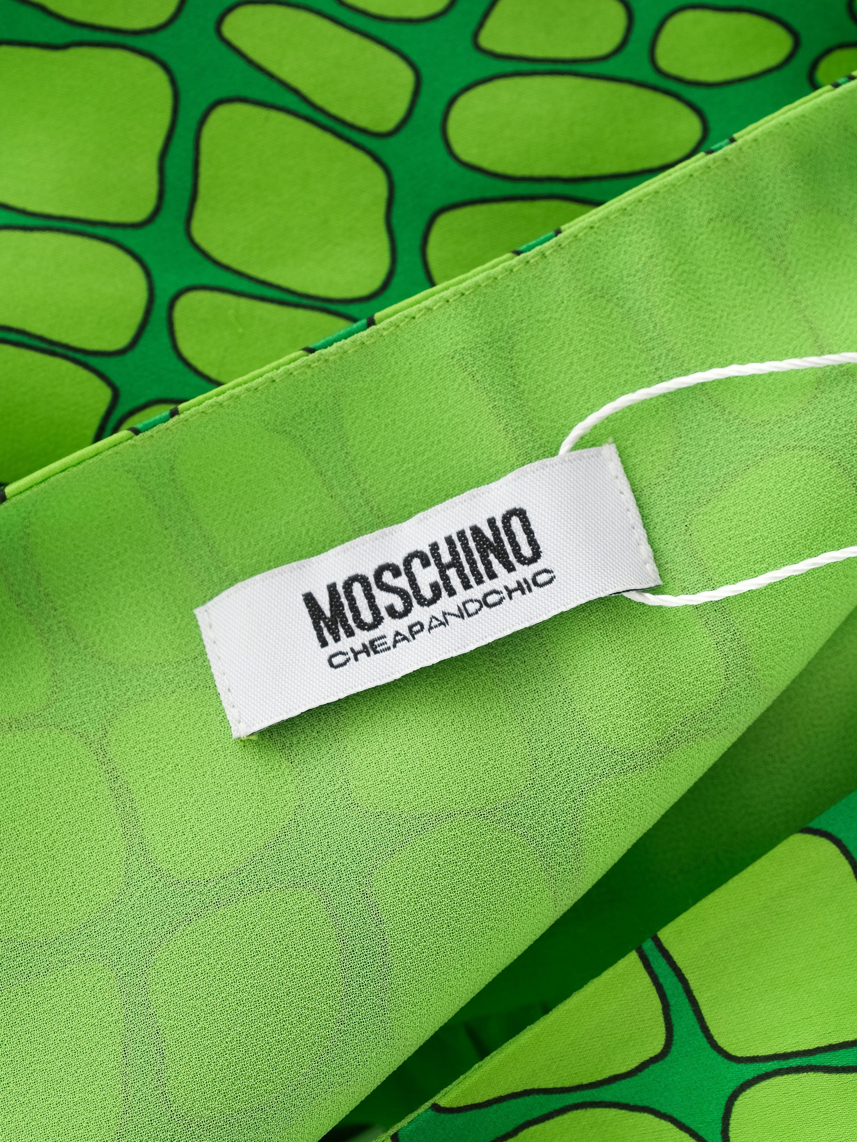 Excellent Moschino Green Silk Long Dress Size L V-Neck Geometric Pattern