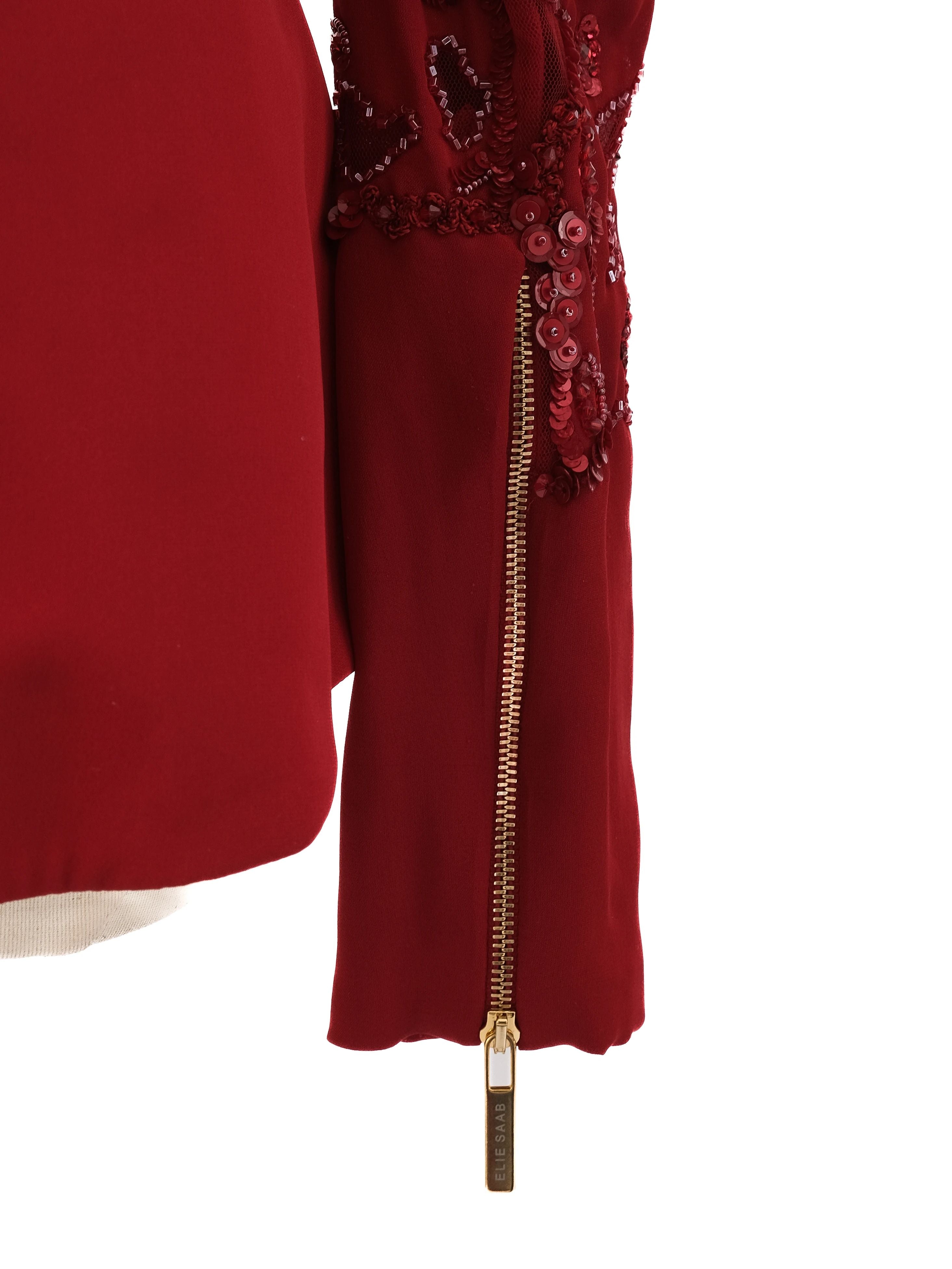 Excellent Elie Saab Red Silk Peplum Blouse Size S with Bead Embellishments
