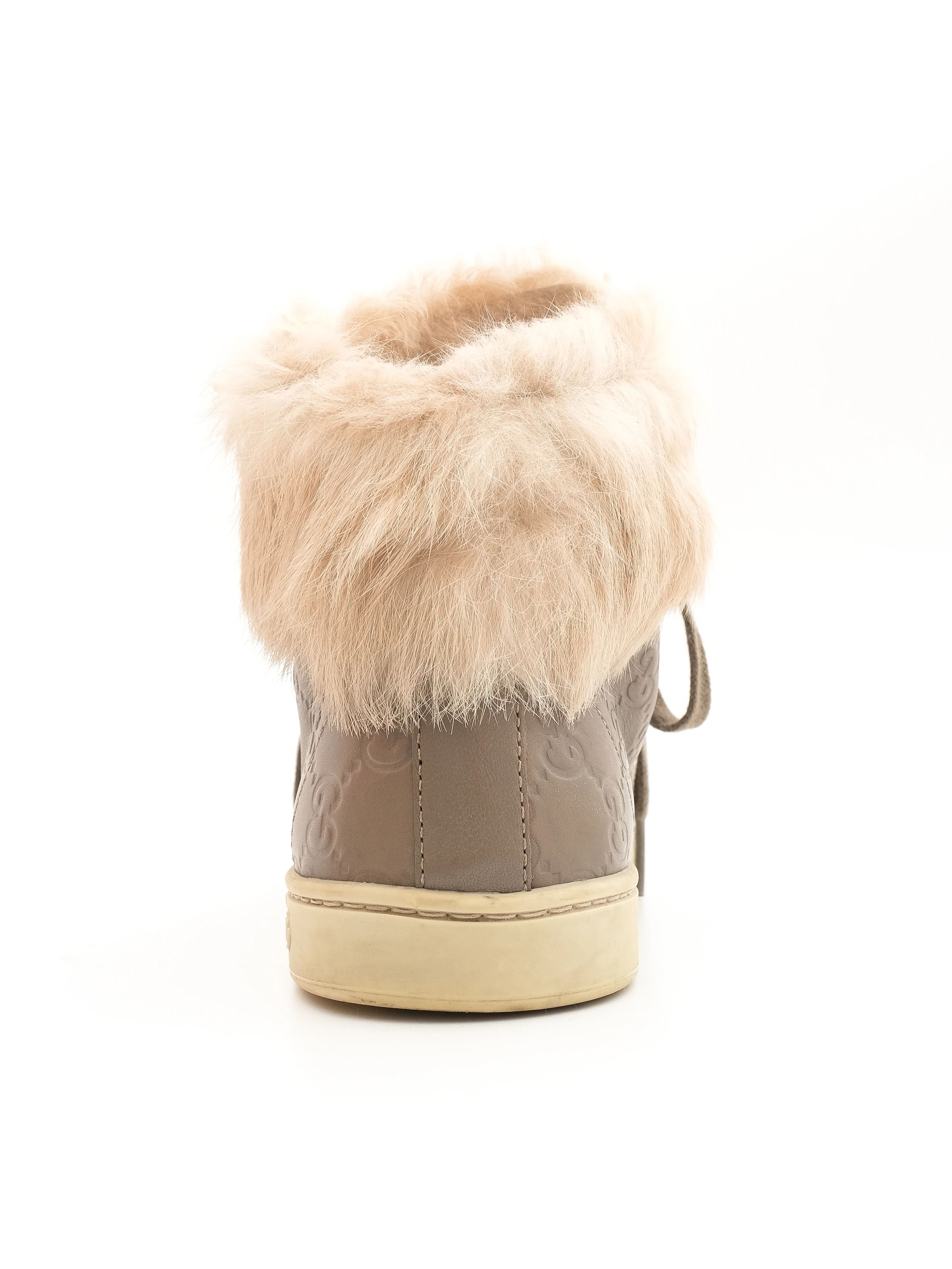 Excellent Gucci Gray Leather High-Top Sneakers with Fur Lining, Size 37