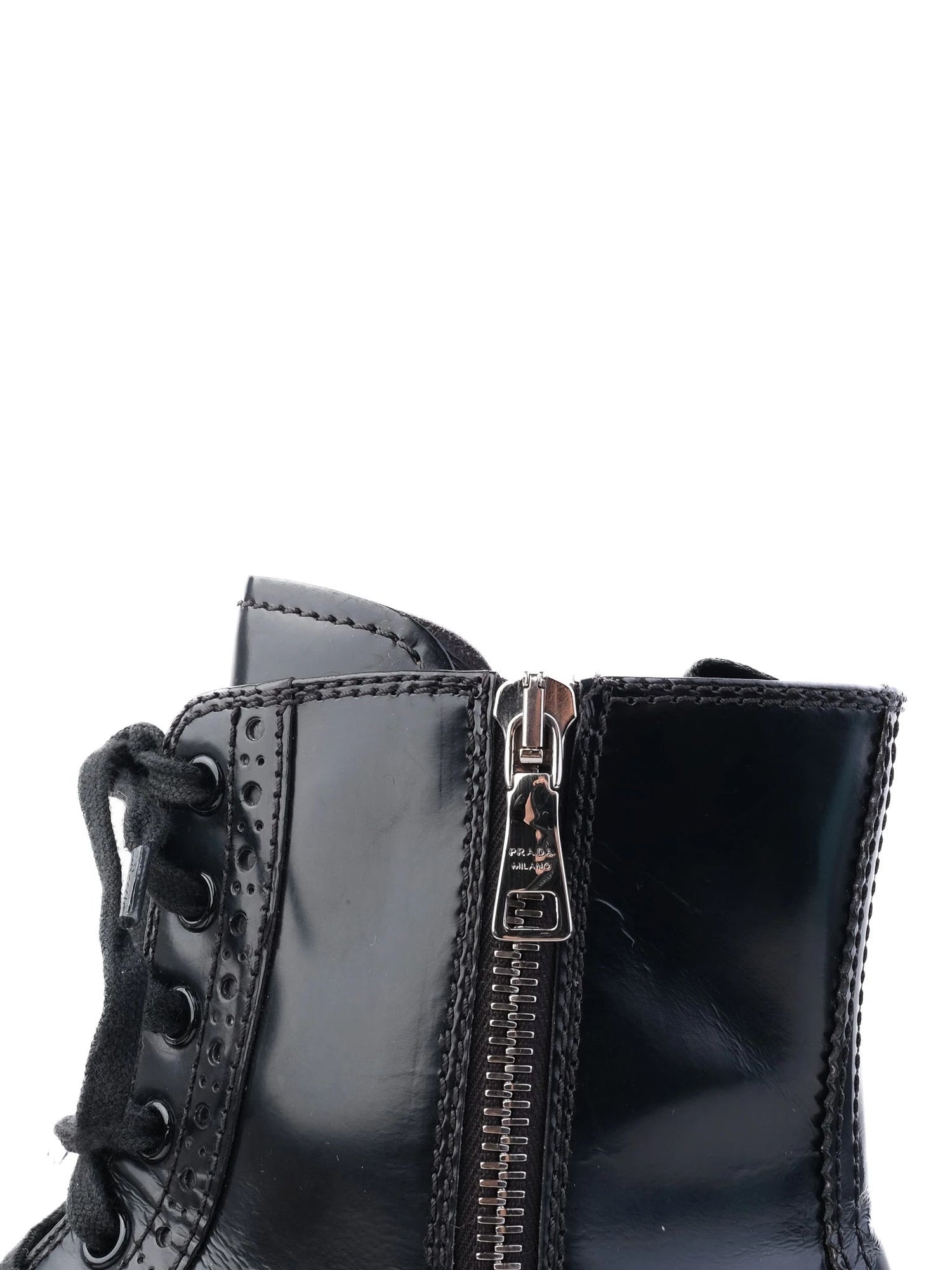 Prada Black Leather Ankle Boots with Laces & Side Zipper, Size 38