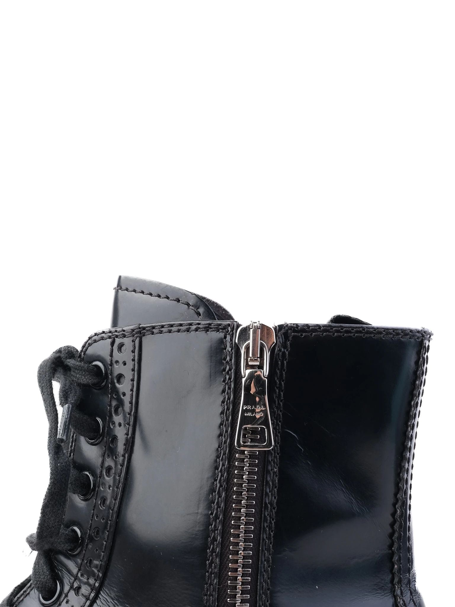 Prada Black Leather Ankle Boots with Laces & Side Zipper, Size 38