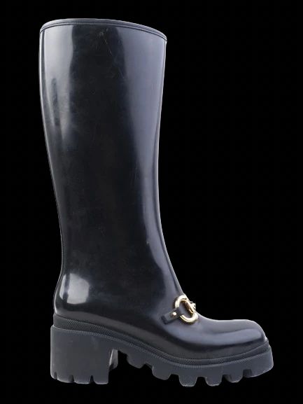 Excellent Gucci Black Knee-High Platform Boots with Gold Buckle Detail