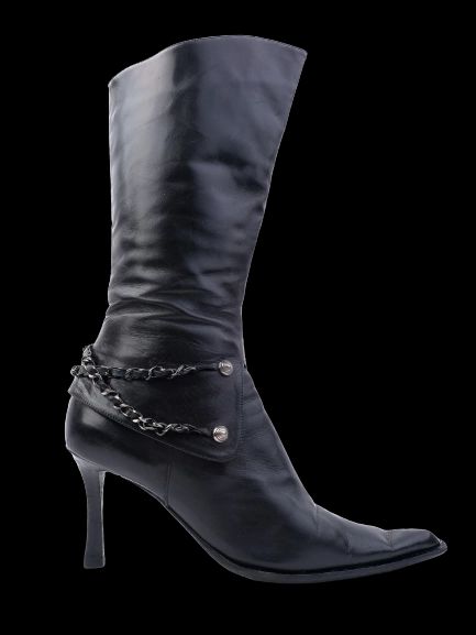Excellent Fabi Black Leather Knee-High Boots Size 39 with Chains