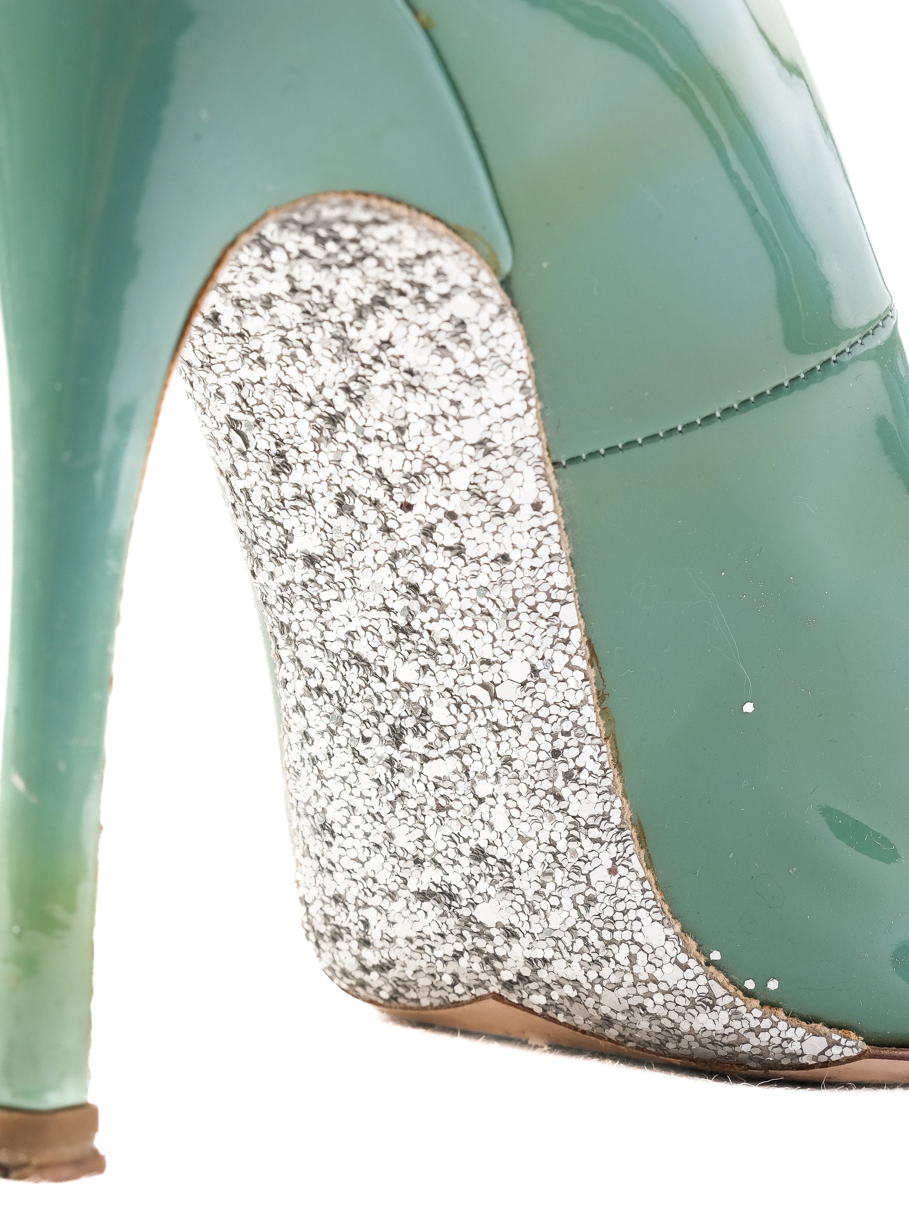 Excellent Miu Miu Green Leather High-Heeled Shoes Size 36.5