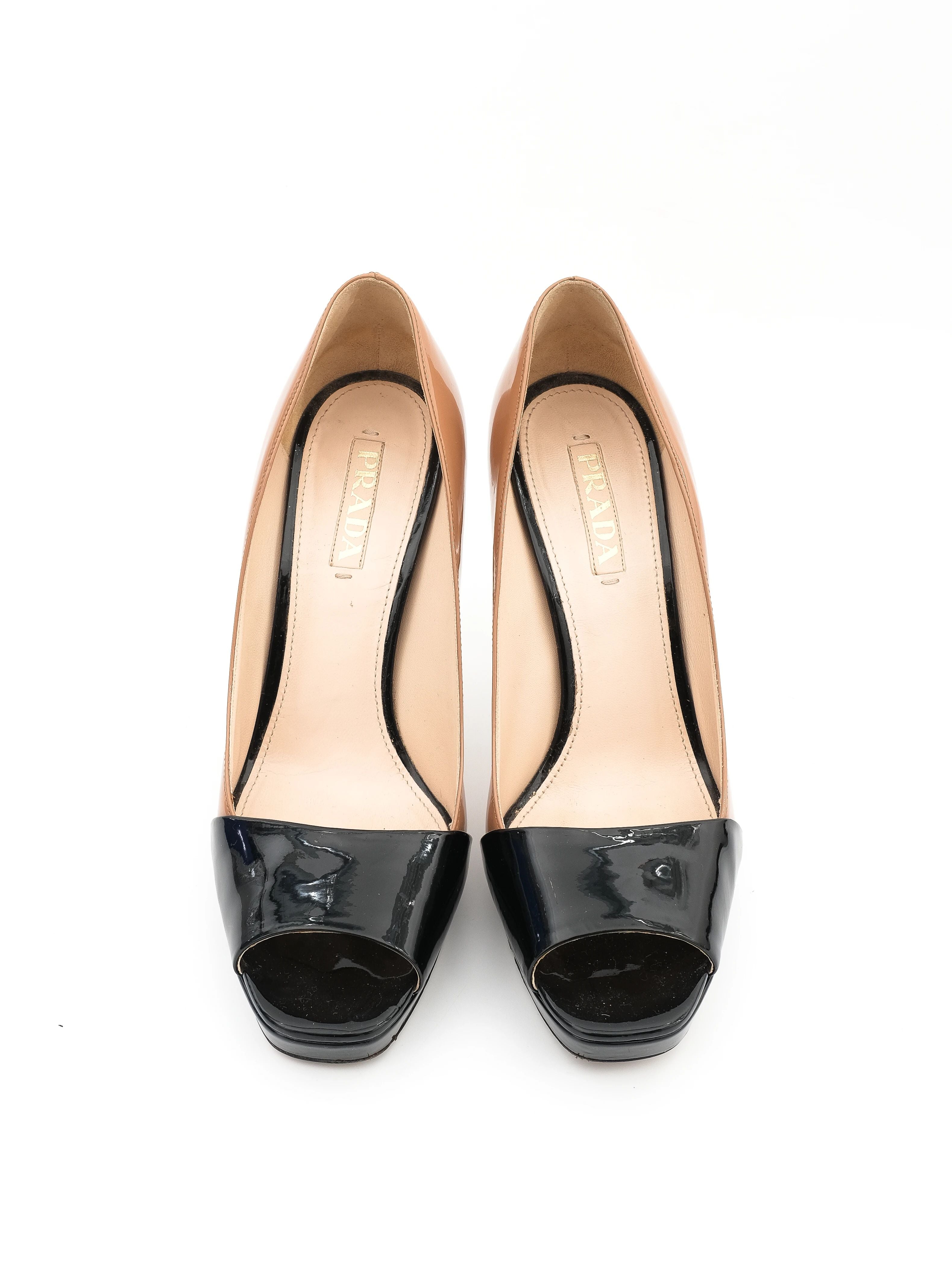 Excellent Prada Peep-Toe Pumps Black Brown Lacquer Size 40.5