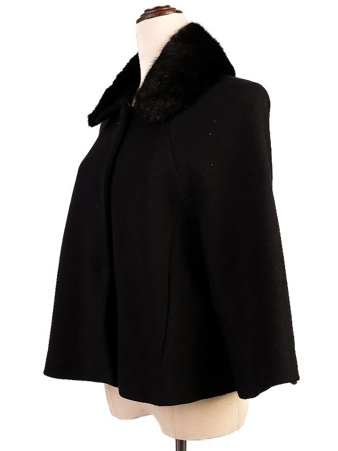 Excellent Moschino Black Wool Swing Coat with Fur Collar for Women